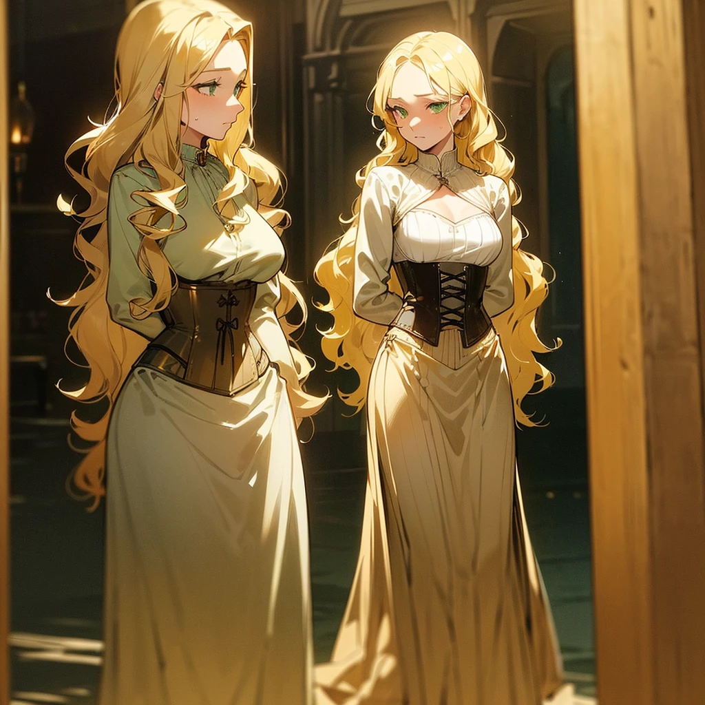 (((Alone))),(((Mature Woman))),(((Green eyes with golden pigmentation))),(((Long wavy blonde hair))),(((A Shy expression))), (((Light Skin))),(((Wearing medieval clothes))),(((Wearing corset))),(((Medium chest and slim waist)))