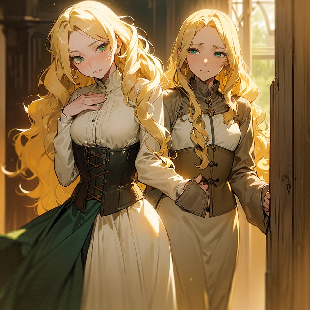 (((Alone))),(((Mature Woman))),(((Green eyes with golden pigmentation))),(((Long wavy blonde hair))),(((A Shy expression))), (((Light Skin))),(((Wearing medieval clothes))),(((Wearing corset))),(((Medium chest and slim waist)))