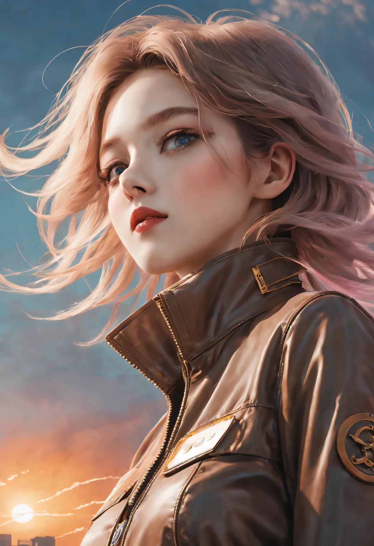 （best quality，4K，8k，masterpiece：1.2），Super fine，（lifelike，photorealism，照片lifelike度：1.37），Future retro female pilot、Her eyes are very delicate，Long eyelashes make her even more attractive。soft, Natural light illuminates her face，Highlight her expressive lips，A faint smile hanging on the corner of the mouth。Steampunk clothing、adventure、Clouds cover the sky、futuristic cityscape、metal surfaces、graffiti-covered walls、urban aging、Hair blown by the wind、confident posture、Emerge from the cloud，Hand drawn illustrations，Contrasting colors，(pastel tones)，ethereal beauty，otherworldly scenery，Lens illumination，Impressive machinery，Sunset，creative imagination，work，Full of emotion，Inspiring ambition。