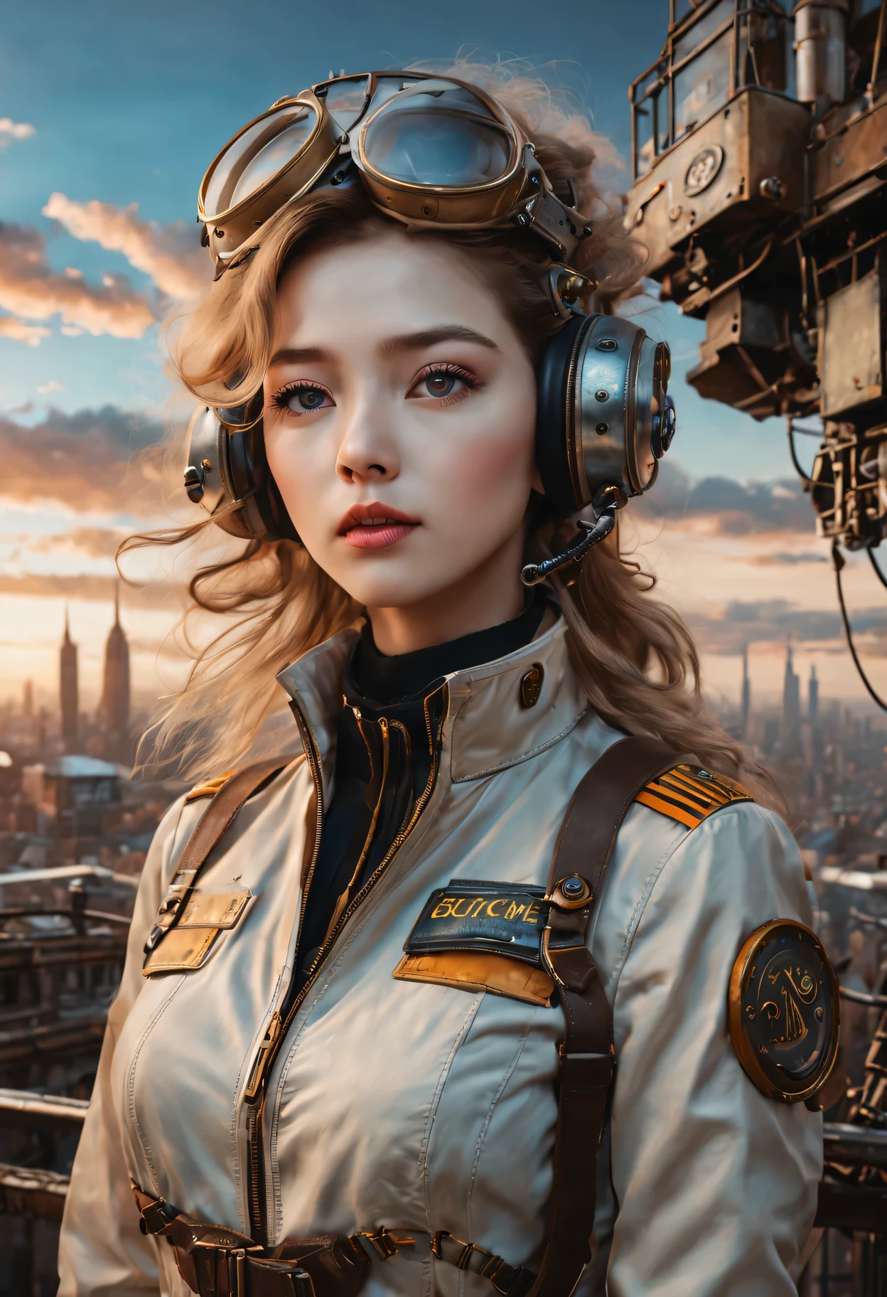 (best quality,4K,8k,masterpiece:1.2),Super fine,(lifelike,photorealism,照片lifelike度:1.37),Future retro female pilot、Her eyes are very delicate,Long eyelashes make her even more attractive。soft, Natural light illuminates her face,Highlight her expressive lips,A faint smile hanging on the corner of the mouth。Steampunk clothing、adventure、Clouds cover the sky、futuristic cityscape、metal surfaces、graffiti-covered walls、urban aging、Hair blown by the wind、confident posture、Emerge from the cloud,Hand drawn illustrations,Contrasting colors,(pastel tones),ethereal beauty,otherworldly scenery,Lens illumination,Impressive machinery,Sunset,creative imagination,work,Full of emotion,Inspiring ambition。