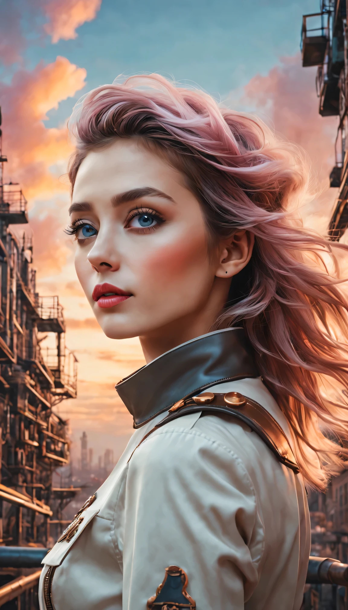 (best quality,4K,8k,masterpiece:1.2),Super fine,(lifelike,photorealism,照片lifelike度:1.37),Future retro female pilot、Her eyes are very delicate,Long eyelashes make her even more attractive。soft, Natural light illuminates her face,Highlight her expressive lips,A faint smile hanging on the corner of the mouth。Steampunk clothing、adventure、Clouds cover the sky、futuristic cityscape、metal surfaces、graffiti-covered walls、urban aging、Hair blown by the wind、confident posture、Emerge from the cloud,Hand drawn illustrations,Contrasting colors,(pastel tones),ethereal beauty,otherworldly scenery,Lens illumination,Impressive machinery,Sunset,creative imagination,work,Full of emotion,Inspiring ambition。