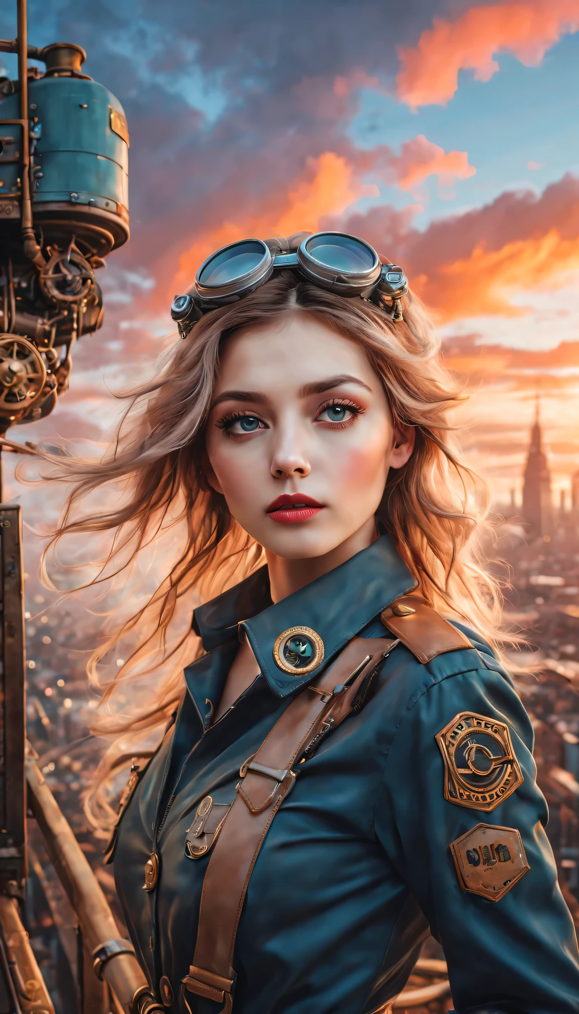 (best quality,4K,8k,masterpiece:1.2),Super fine,(lifelike,photorealism,照片lifelike度:1.37),Future retro female pilot、Her eyes are very delicate,Long eyelashes make her even more attractive。soft, Natural light illuminates her face,Highlight her expressive lips,A faint smile hanging on the corner of the mouth。Steampunk clothing、adventure、Clouds cover the sky、futuristic cityscape、metal surfaces、graffiti-covered walls、urban aging、Hair blown by the wind、confident posture、Emerge from the cloud,Hand drawn illustrations,Contrasting colors,(pastel tones),ethereal beauty,otherworldly scenery,Lens illumination,Impressive machinery,Sunset,creative imagination,work,Full of emotion,Inspiring ambition。