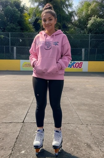 Beautiful 21 year old girl with perfect body, tiene grandes senos y culo grande, se ve que hace ejercicio no es flaca, tiene cuerpo normal, she is wearing leggings and over size hoddie, ella esta patinando con patines de ruedas, va patinando en una pista de hielo, es gimnasta, even more people