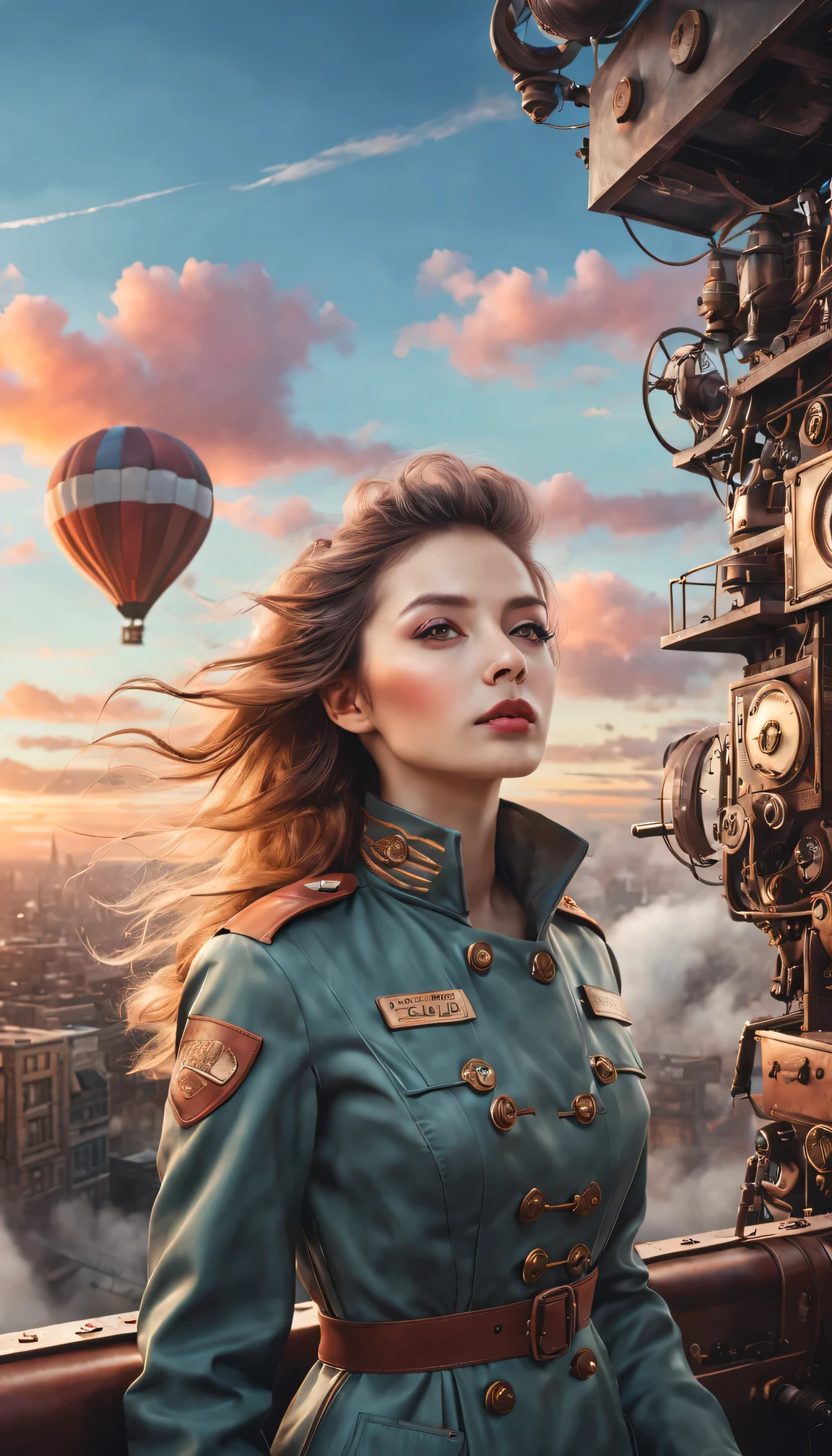 (best quality,4K,8k,masterpiece:1.2),Super fine,(lifelike,photorealism,照片lifelike度:1.37),Future retro female pilot、Her eyes are very delicate,Long eyelashes make her even more attractive。soft, Natural light illuminates her face,Highlight her expressive lips,A faint smile hanging on the corner of the mouth。Steampunk clothing、adventure、Clouds cover the sky、futuristic cityscape、metal surfaces、graffiti-covered walls、urban aging、Hair blown by the wind、confident posture、Emerge from the cloud,Hand drawn illustrations,Contrasting colors,(pastel tones),ethereal beauty,otherworldly scenery,Lens illumination,Impressive machinery,Sunset,creative imagination,work,Full of emotion,Inspiring ambition。