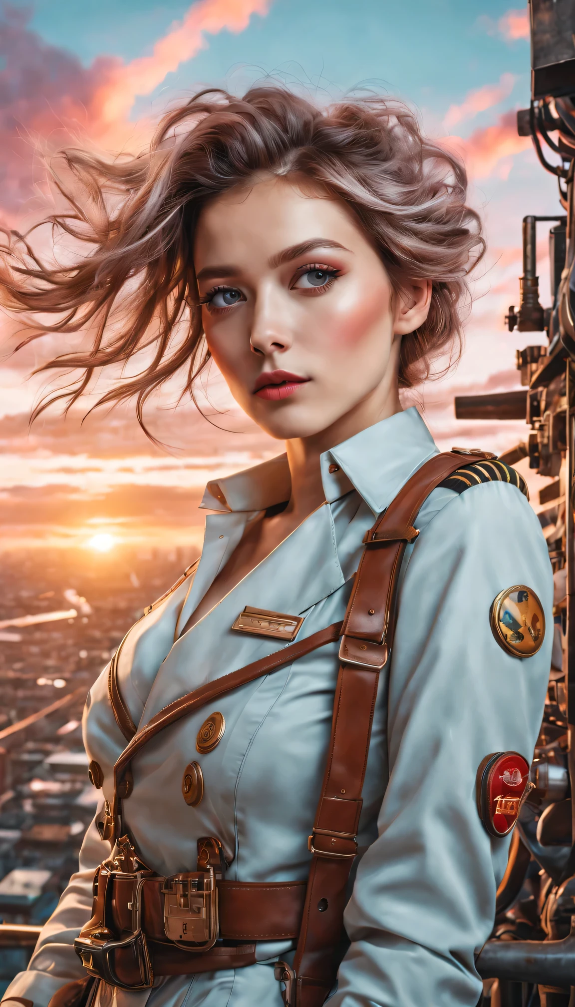 （best quality，4K，8k，masterpiece：1.2），Super fine，（lifelike，photorealism，照片lifelike度：1.37），Future retro female pilot、Her eyes are very delicate，Long eyelashes make her even more attractive。soft, Natural light illuminates her face，Highlight her expressive lips，A faint smile hanging on the corner of the mouth。Steampunk clothing、adventure、Clouds cover the sky、futuristic cityscape、metal surfaces、graffiti-covered walls、urban aging、Hair blown by the wind、confident posture、Emerge from the cloud，Hand drawn illustrations，Contrasting colors，(pastel tones)，ethereal beauty，otherworldly scenery，Lens illumination，Impressive machinery，Sunset，creative imagination，work，Full of emotion，Inspiring ambition。