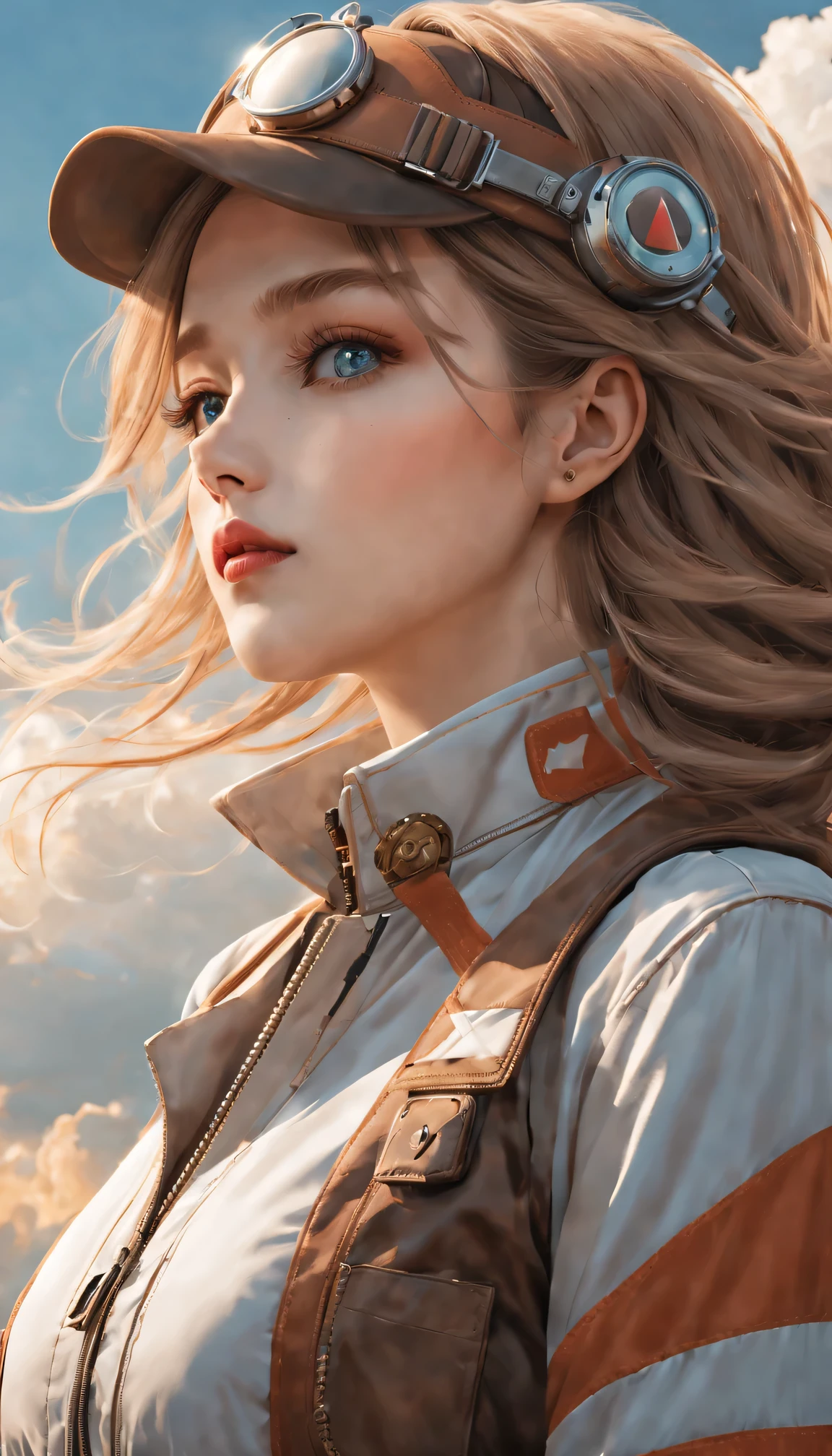 （best quality，4K，8k，masterpiece：1.2），Super fine，（lifelike，photorealism，照片lifelike度：1.37），Future retro female pilot、Her eyes are very delicate，Long eyelashes make her even more attractive。soft, Natural light illuminates her face，Highlight her expressive lips，A faint smile hanging on the corner of the mouth。Steampunk clothing、adventure、Clouds cover the sky、futuristic cityscape、metal surfaces、graffiti-covered walls、urban aging、Hair blown by the wind、confident posture、Emerge from the cloud，Hand drawn illustrations，Contrasting colors，(pastel tones)，ethereal beauty，otherworldly scenery，Lens illumination，Impressive machinery，Sunset，creative imagination，work，Full of emotion，Inspiring ambition。