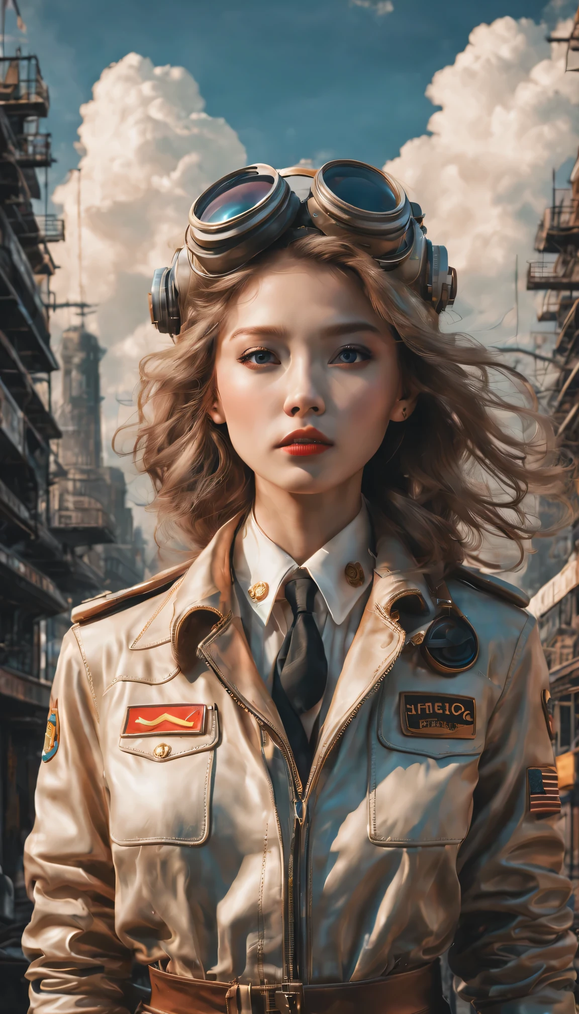 (best quality,4K,8k,masterpiece:1.2),Super fine,(lifelike,photorealism,照片lifelike度:1.37),Future retro female pilot、Her eyes are very delicate,Long eyelashes make her even more attractive。soft, Natural light illuminates her face,Highlight her expressive lips,A faint smile hanging on the corner of the mouth。Steampunk clothing、adventure、Clouds cover the sky、futuristic cityscape、metal surfaces、graffiti-covered walls、urban aging、Hair blown by the wind、confident posture、Emerge from the cloud,Hand drawn illustrations,Contrasting colors,(pastel tones),ethereal beauty,otherworldly scenery,Lens illumination,Impressive machinery,Sunset,creative imagination,work,Full of emotion,Inspiring ambition。