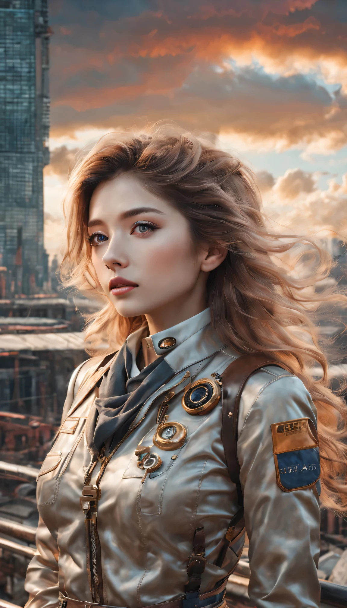 (best quality,4K,8k,masterpiece:1.2),Super fine,(lifelike,photorealism,照片lifelike度:1.37),Future retro female pilot、Her eyes are very delicate,Long eyelashes make her even more attractive。soft, Natural light illuminates her face,Highlight her expressive lips,A faint smile hanging on the corner of the mouth。Steampunk clothing、adventure、Clouds cover the sky、futuristic cityscape、metal surfaces、graffiti-covered walls、urban aging、Hair blown by the wind、confident posture、Emerge from the cloud,Hand drawn illustrations,Contrasting colors,(pastel tones),ethereal beauty,otherworldly scenery,Lens illumination,Impressive machinery,Sunset,creative imagination,work,Full of emotion,Inspiring ambition。
