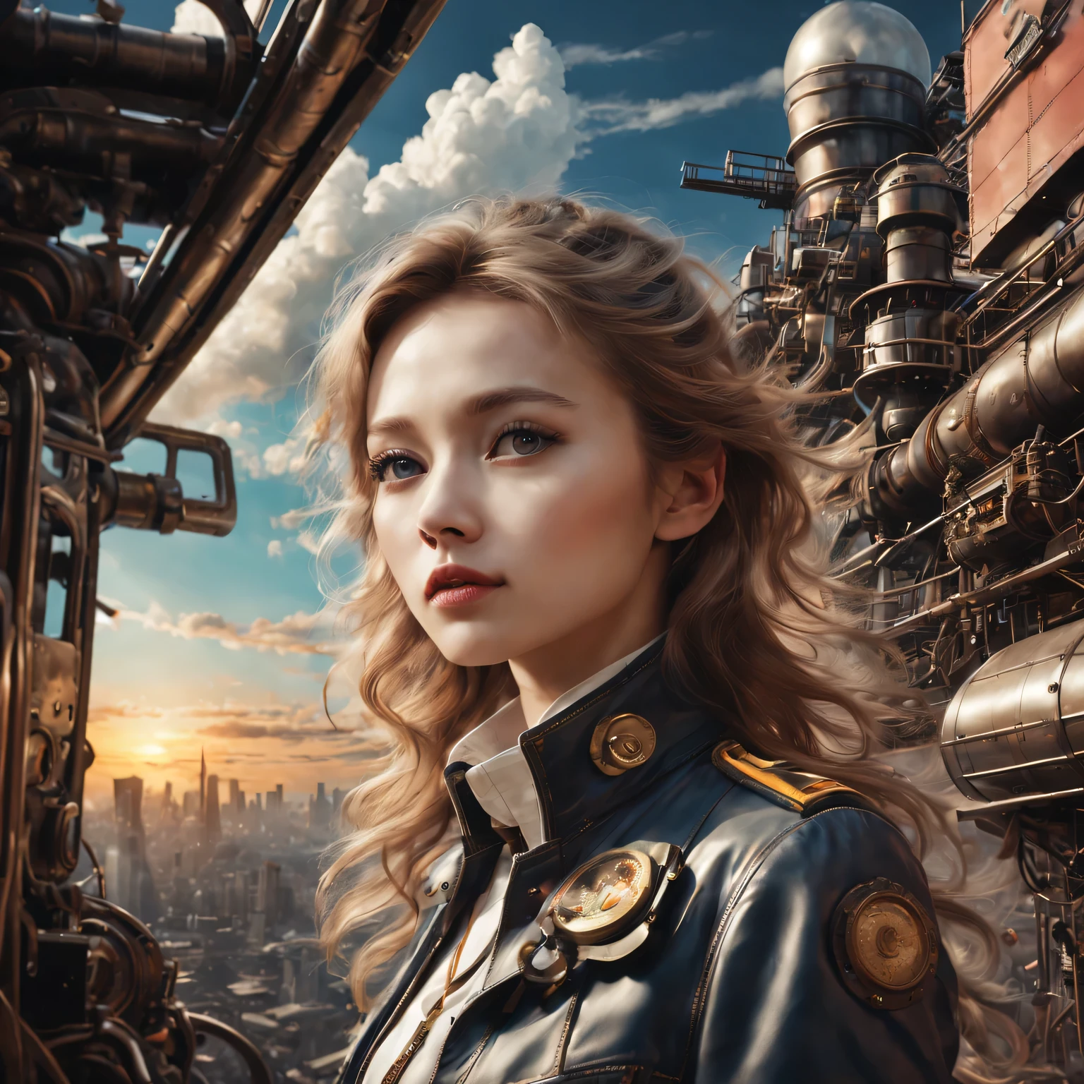 （best quality，4K，8k，masterpiece：1.2），Super fine，（lifelike，photorealism，照片lifelike度：1.37），Future retro female pilot、Her eyes are very delicate，Long eyelashes make her even more attractive。soft, Natural light illuminates her face，Highlight her expressive lips，A faint smile hanging on the corner of the mouth。Steampunk clothing、adventure、Clouds cover the sky、futuristic cityscape、metal surfaces、graffiti-covered walls、urban aging、Hair blown by the wind、confident posture、Emerge from the cloud，Hand drawn illustrations，Contrasting colors，(pastel tones)，ethereal beauty，otherworldly scenery，Lens illumination，Impressive machinery，Sunset，creative imagination，work，Full of emotion，Inspiring ambition。