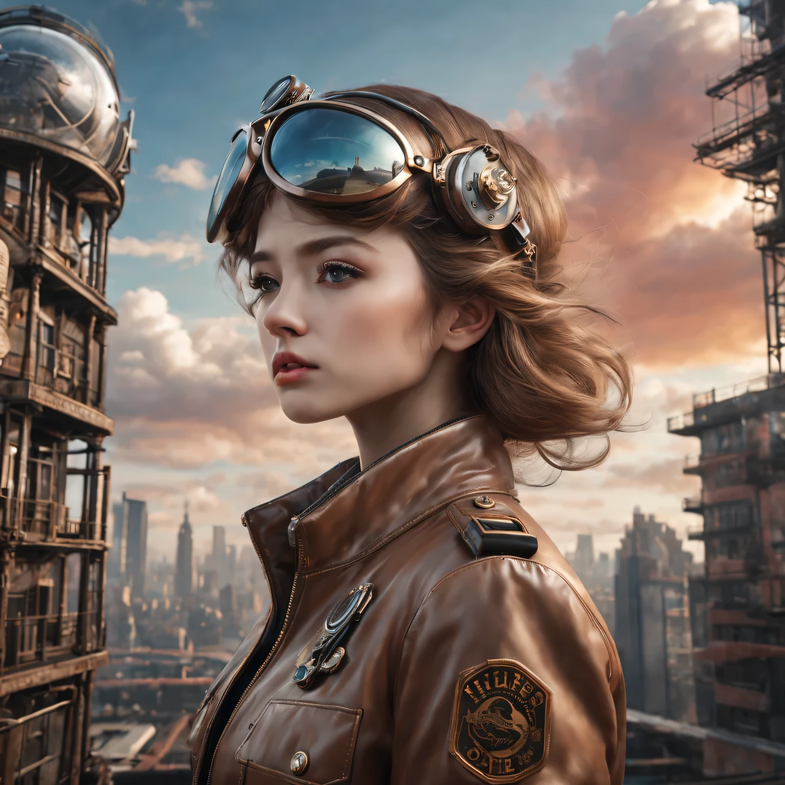 （best quality，4K，8k，masterpiece：1.2），Super fine，（lifelike，photorealism，照片lifelike度：1.37），Future retro female pilot、Her eyes are very delicate，Long eyelashes make her even more attractive。soft, Natural light illuminates her face，Highlight her expressive lips，A faint smile hanging on the corner of the mouth。Steampunk clothing、adventure、Clouds cover the sky、futuristic cityscape、metal surfaces、graffiti-covered walls、urban aging、Hair blown by the wind、confident posture、Emerge from the cloud，Hand drawn illustrations，Contrasting colors，(pastel tones)，ethereal beauty，otherworldly scenery，Lens illumination，Impressive machinery，Sunset，creative imagination，work，Full of emotion，Inspiring ambition。