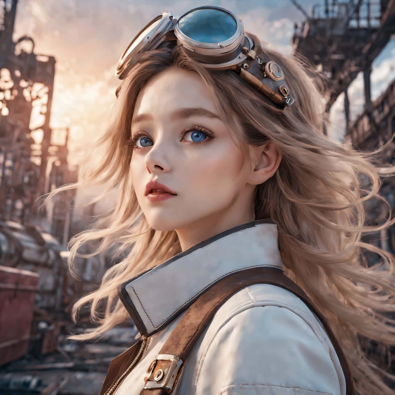 (best quality,4K,8k,masterpiece:1.2),Super fine,(lifelike,photorealism,照片lifelike度:1.37),Future retro female pilot、Her eyes are very delicate,Long eyelashes make her even more attractive。soft, Natural light illuminates her face,Highlight her expressive lips,A faint smile hanging on the corner of the mouth。Steampunk clothing、adventure、Clouds cover the sky、futuristic cityscape、metal surfaces、graffiti-covered walls、urban aging、Hair blown by the wind、confident posture、Emerge from the cloud,Hand drawn illustrations,Contrasting colors,(pastel tones),ethereal beauty,otherworldly scenery,Lens illumination,Impressive machinery,Sunset,creative imagination,work,Full of emotion,Inspiring ambition。