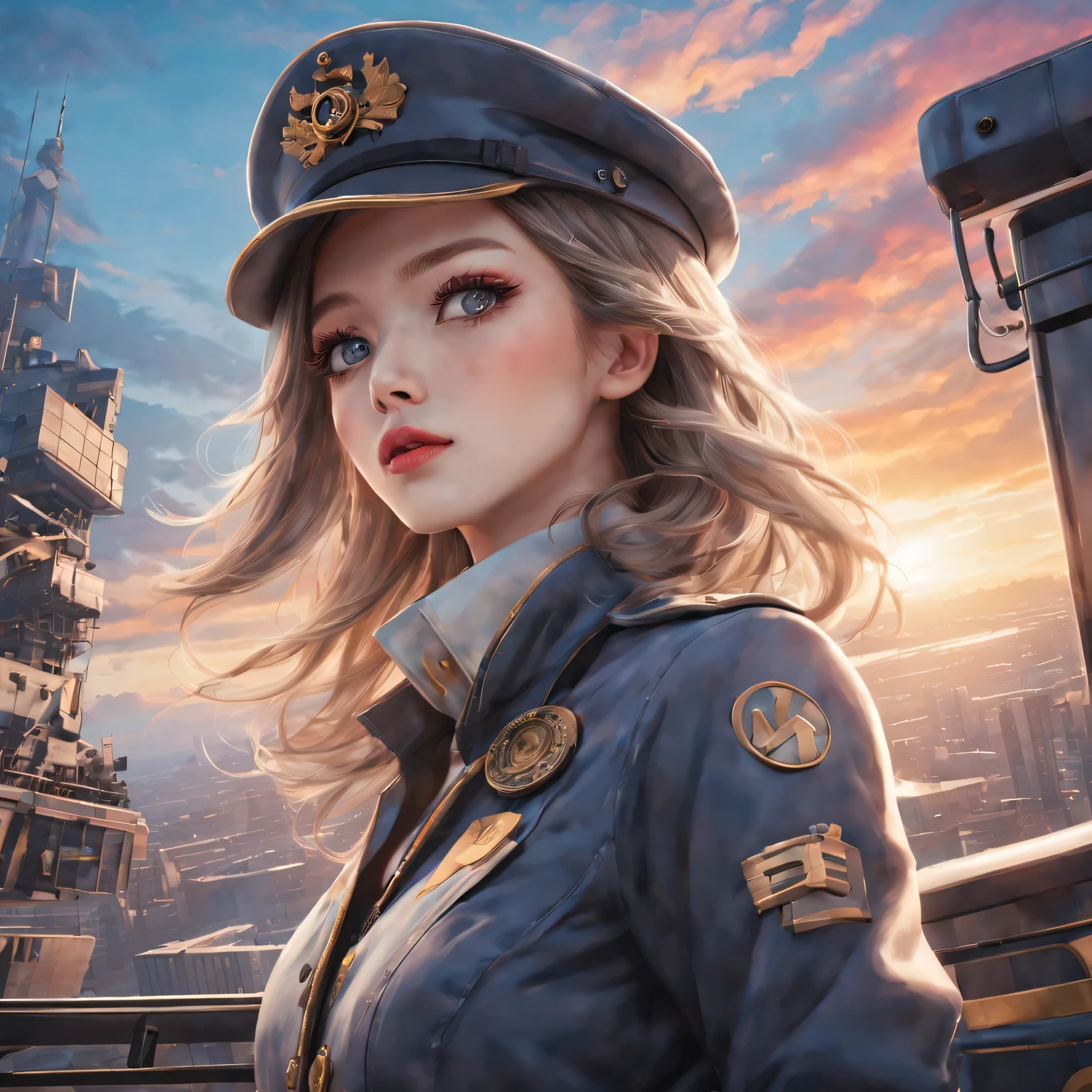 (best quality,4K,8k,masterpiece:1.2),Super fine,(lifelike,photorealism,照片lifelike度:1.37),Future retro female pilot、Her eyes are very delicate,Long eyelashes make her even more attractive。soft, Natural light illuminates her face,Highlight her expressive lips,A faint smile hanging on the corner of the mouth。Steampunk clothing、adventure、Clouds cover the sky、futuristic cityscape、metal surfaces、graffiti-covered walls、urban aging、Hair blown by the wind、confident posture、Emerge from the cloud,Hand drawn illustrations,Contrasting colors,(pastel tones),ethereal beauty,otherworldly scenery,Lens illumination,Impressive machinery,Sunset,creative imagination,work,Full of emotion,Inspiring ambition。