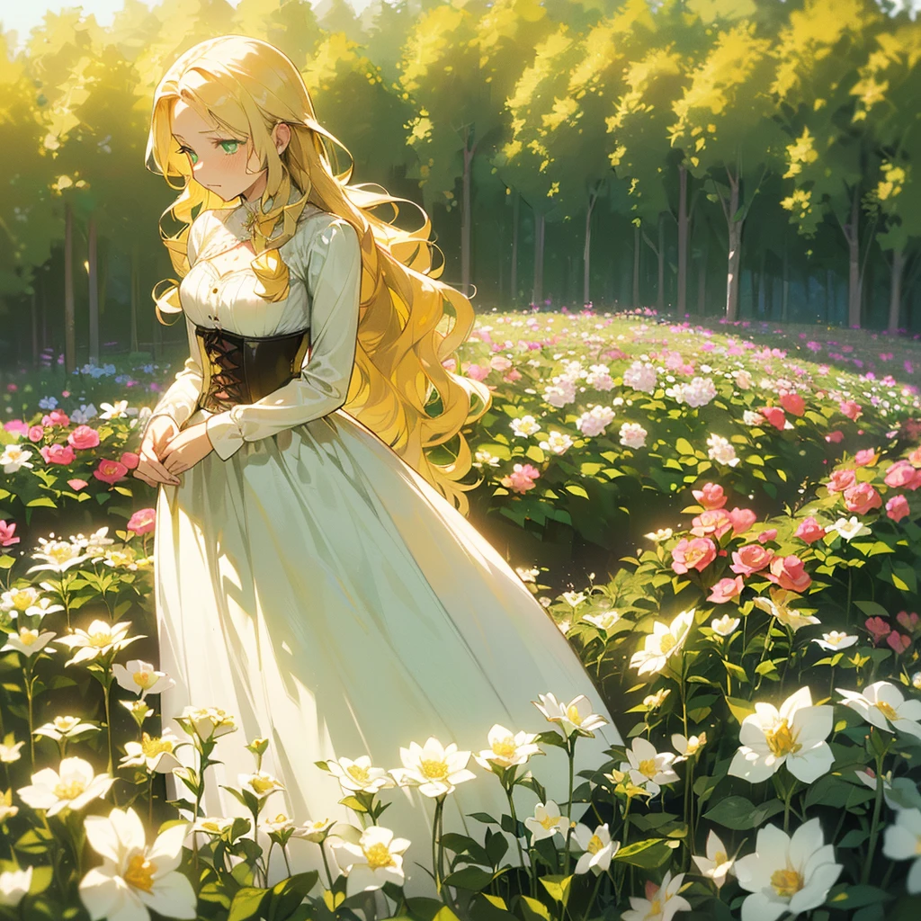 (((Being alone in a flower garden))),(((Mature Woman))),(((Green eyes with golden pigmentation))),(((Long wavy blonde hair))),(((A Shy expression))),(((Light Skin))),(((Wearing a long white dress))),(((Wearing a corset))),(((Medium chest and thin waist)))