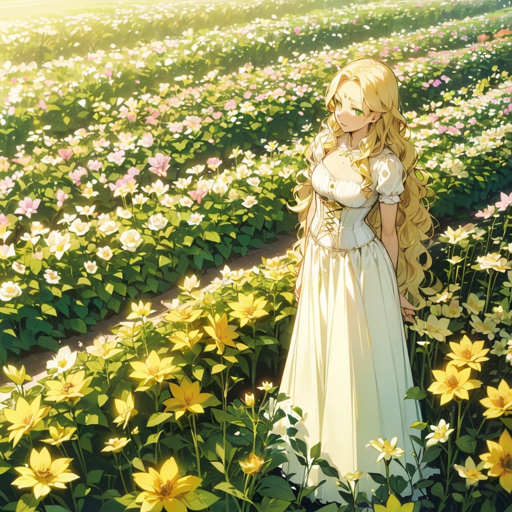 (((Being alone in a flower garden))),(((Mature Woman))),(((Green eyes with golden pigmentation))),(((Long wavy blonde hair))),(((A Shy expression))),(((Light Skin))),(((Wearing a long white dress))),(((Wearing a corset))),(((Medium chest and thin waist)))