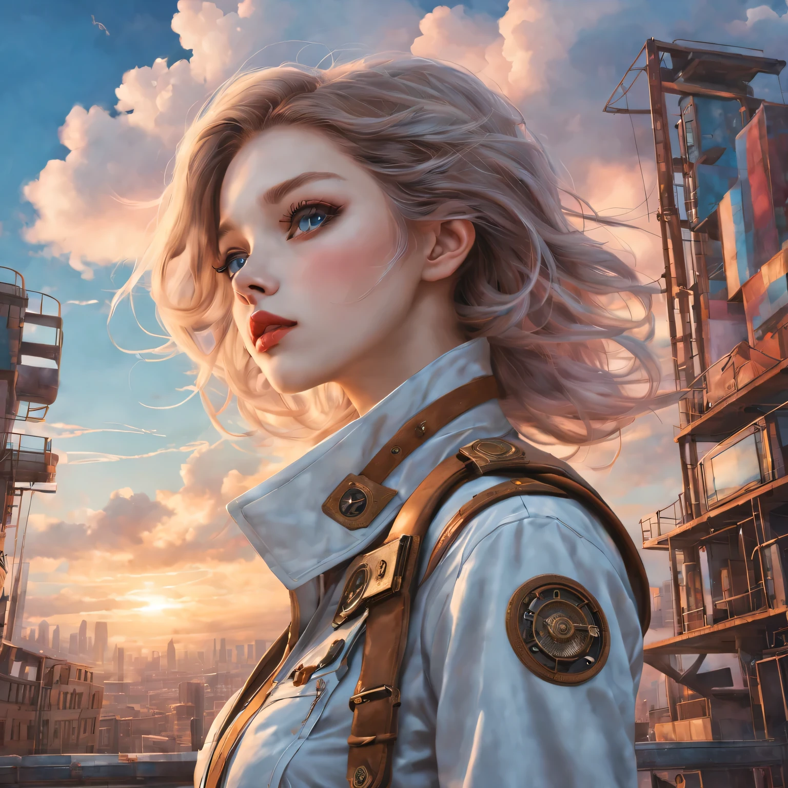 (best quality,4K,8k,masterpiece:1.2),Super fine,(lifelike,photorealism,照片lifelike度:1.37),Future retro female pilot、Her eyes are very delicate,Long eyelashes make her even more attractive。soft, Natural light illuminates her face,Highlight her expressive lips,A faint smile hanging on the corner of the mouth。Steampunk clothing、adventure、Clouds cover the sky、futuristic cityscape、metal surfaces、graffiti-covered walls、urban aging、Hair blown by the wind、confident posture、Emerge from the cloud,Hand drawn illustrations,Contrasting colors,(pastel tones),ethereal beauty,otherworldly scenery,Lens illumination,Impressive machinery,Sunset,creative imagination,work,Full of emotion,Inspiring ambition。