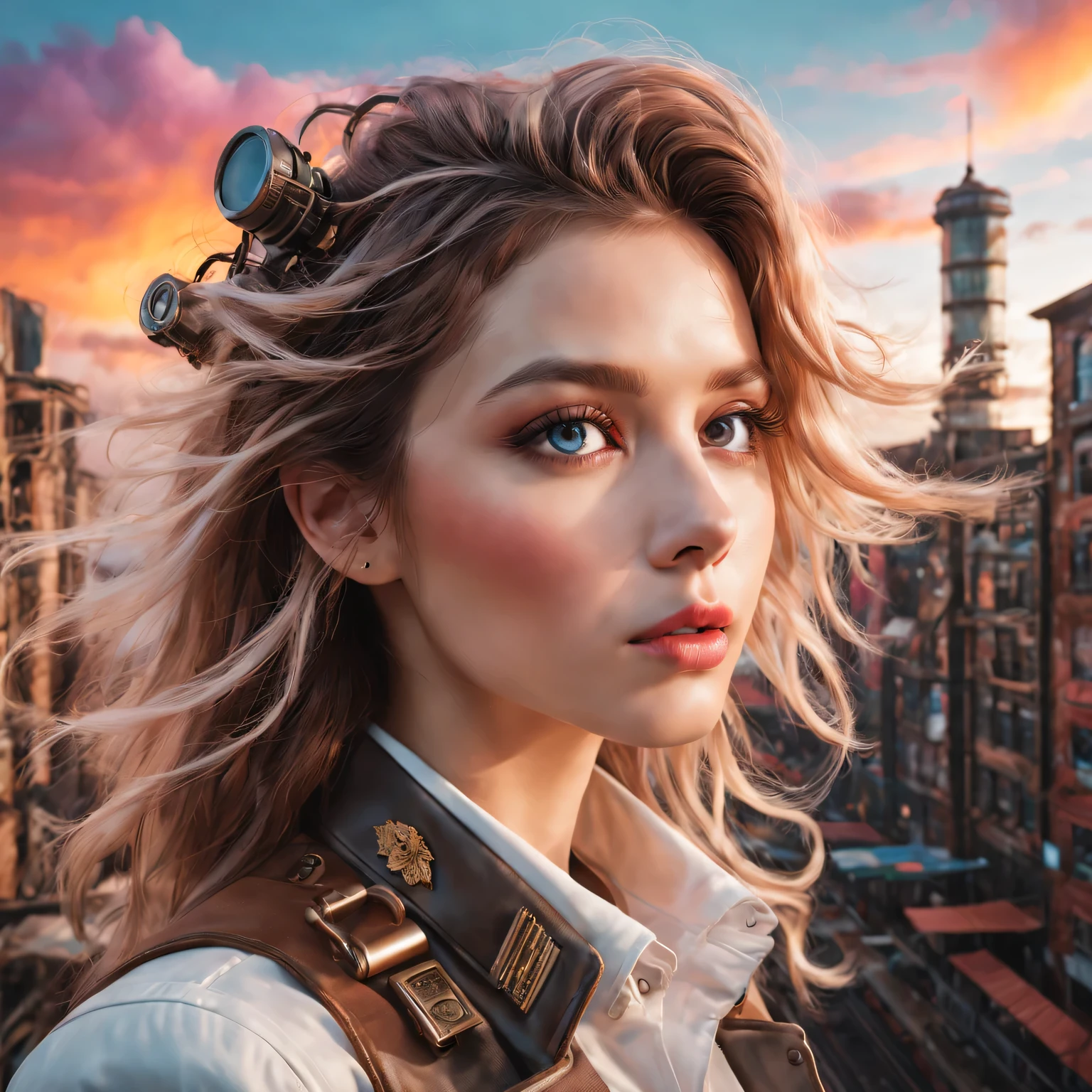 (best quality,4K,8k,masterpiece:1.2),Super fine,(lifelike,photorealism,照片lifelike度:1.37),Future retro female pilot、Her eyes are very delicate,Long eyelashes make her even more attractive。soft, Natural light illuminates her face,Highlight her expressive lips,A faint smile hanging on the corner of the mouth。Steampunk clothing、adventure、Clouds cover the sky、futuristic cityscape、metal surfaces、graffiti-covered walls、urban aging、Hair blown by the wind、confident posture、Emerge from the cloud,Hand drawn illustrations,Contrasting colors,(pastel tones),ethereal beauty,otherworldly scenery,Lens illumination,Impressive machinery,Sunset,creative imagination,work,Full of emotion,Inspiring ambition。
