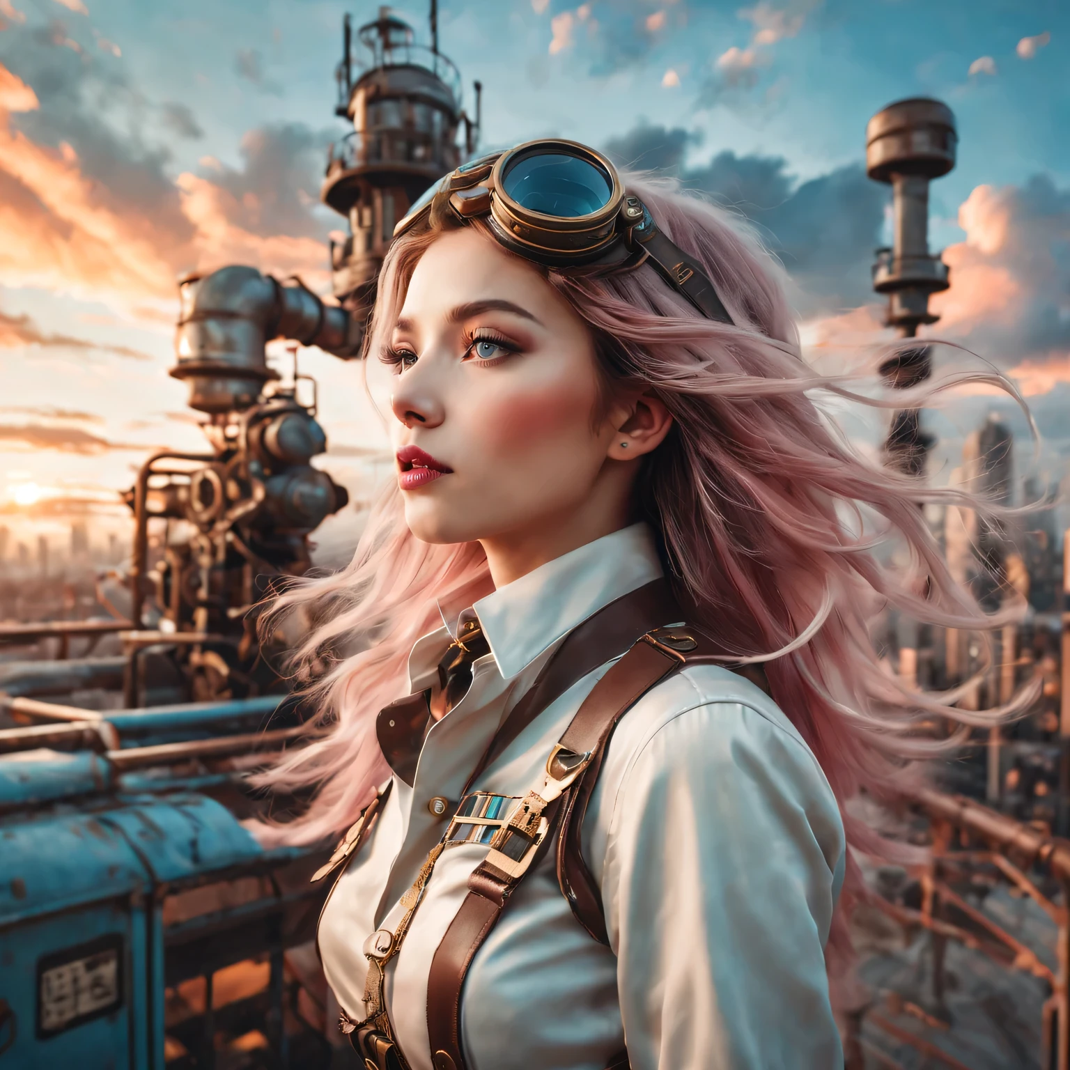 (best quality,4K,8k,masterpiece:1.2),Super fine,(lifelike,photorealism,照片lifelike度:1.37),Future retro female pilot、Her eyes are very delicate,Long eyelashes make her even more attractive。soft, Natural light illuminates her face,Highlight her expressive lips,A faint smile hanging on the corner of the mouth。Steampunk clothing、adventure、Clouds cover the sky、futuristic cityscape、metal surfaces、graffiti-covered walls、urban aging、Hair blown by the wind、confident posture、Emerge from the cloud,Hand drawn illustrations,Contrasting colors,(pastel tones),ethereal beauty,otherworldly scenery,Lens illumination,Impressive machinery,Sunset,creative imagination,work,Full of emotion,Inspiring ambition。