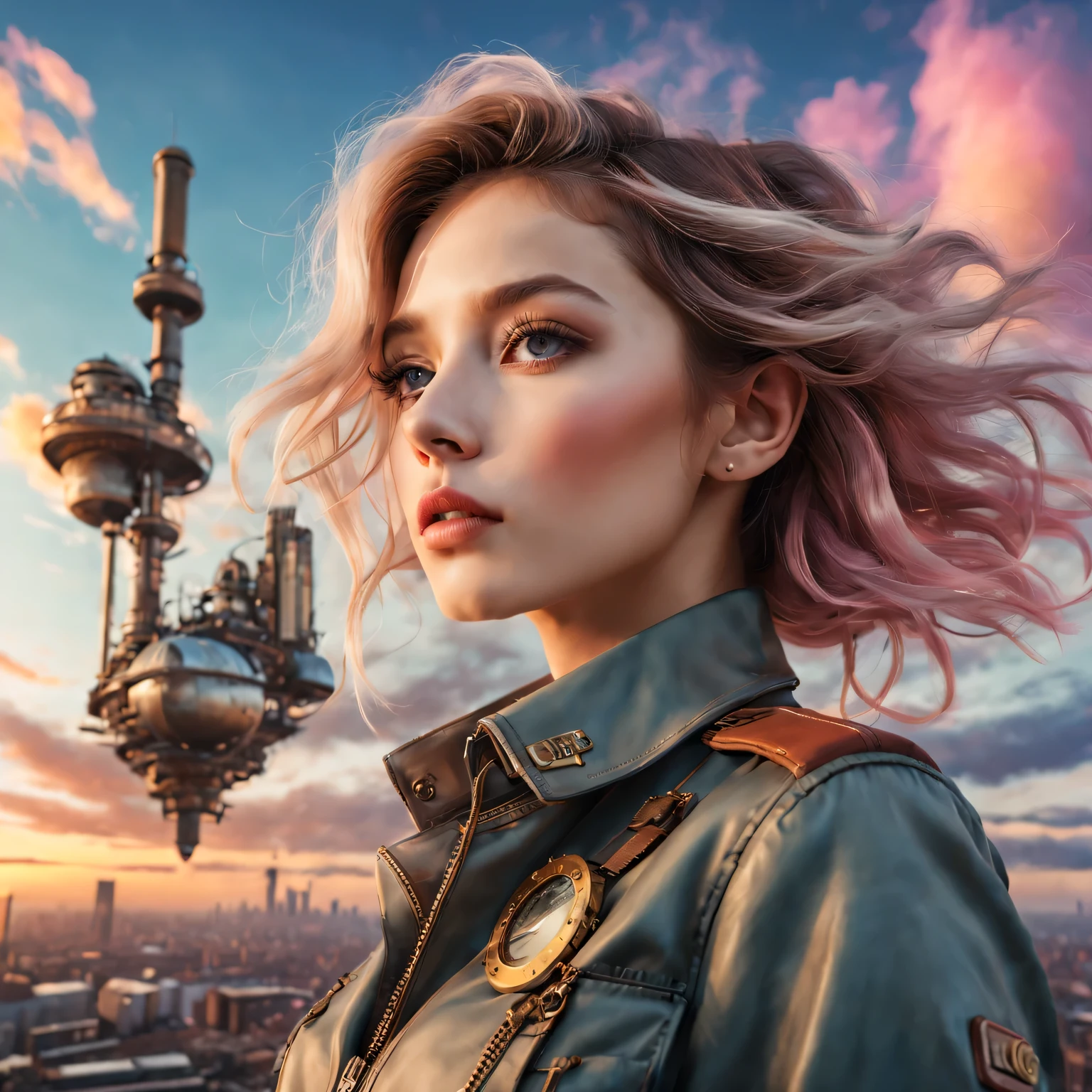 (best quality,4K,8k,masterpiece:1.2),Super fine,(lifelike,photorealism,照片lifelike度:1.37),Future retro female pilot、Her eyes are very delicate,Long eyelashes make her even more attractive。soft, Natural light illuminates her face,Highlight her expressive lips,A faint smile hanging on the corner of the mouth。Steampunk clothing、adventure、Clouds cover the sky、futuristic cityscape、metal surfaces、graffiti-covered walls、urban aging、Hair blown by the wind、confident posture、Emerge from the cloud,Hand drawn illustrations,Contrasting colors,(pastel tones),ethereal beauty,otherworldly scenery,Lens illumination,Impressive machinery,Sunset,creative imagination,work,Full of emotion,Inspiring ambition。