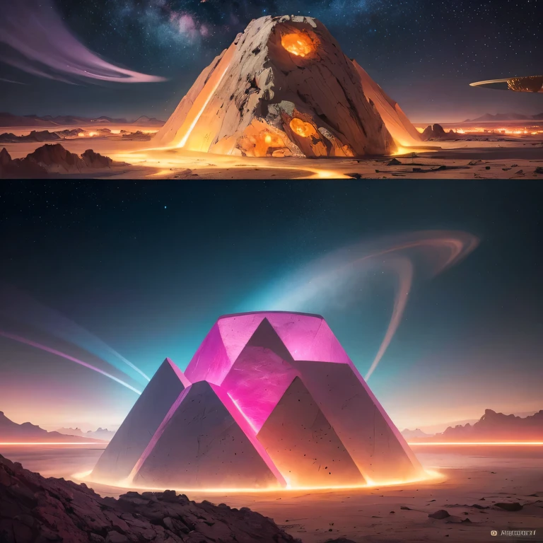 柔and的色调/柔and色调/柔and的色调，Strange photos of heavy metal planetary clouds，electron micrography，Tissue Engineering，and，statistical mechanics，Dada Photo Montage，future proposals，Mark Caseley，quantum level，light orange style，Purple pink series，Alien Hexagonal Base（Very detailed）In a hexagonal mountain oasis，有几个六角形排气扇and烟囱，some neon lights project from the base，light up the night）， There are some clouds in the night sky，Some surrounding planets provide air to unknown planets，The most distant giant hexagonal volcanic eruption，rainforest
