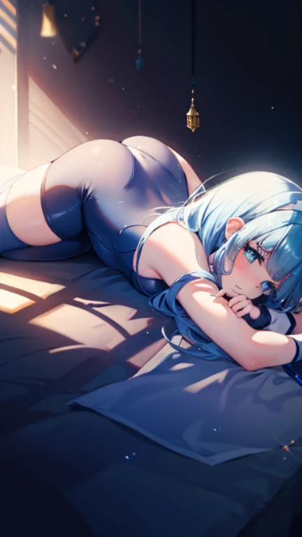 highest quality,sleep on your back in bed，Crab crotch，show me your boots，thigh high boots，leotardチラ見せ，glove，elegant, 1 girl, leotard，body suit，cute, blushed, looking at the viewer, from below, prison，blue eyes, beautiful eyes, beautiful background, particles of light, Light of the sun, dramatic lighting, outside, shiny, realistic, table top, highest quality, Super detailed, get used to it, scenery, beautiful and detailed eyes, thin hair，full body shot，