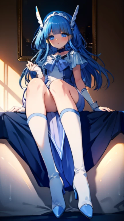 highest quality,sleep on your back in bed，Crab crotch，show me your boots，thigh high boots，leotardチラ見せ，glove，elegant, 1 girl, leotard，body suit，cute, blushed, looking at the viewer, from below, prison，blue eyes, beautiful eyes, beautiful background, particles of light, Light of the sun, dramatic lighting, outside, shiny, realistic, table top, highest quality, Super detailed, get used to it, scenery, beautiful and detailed eyes, thin hair，full body shot，