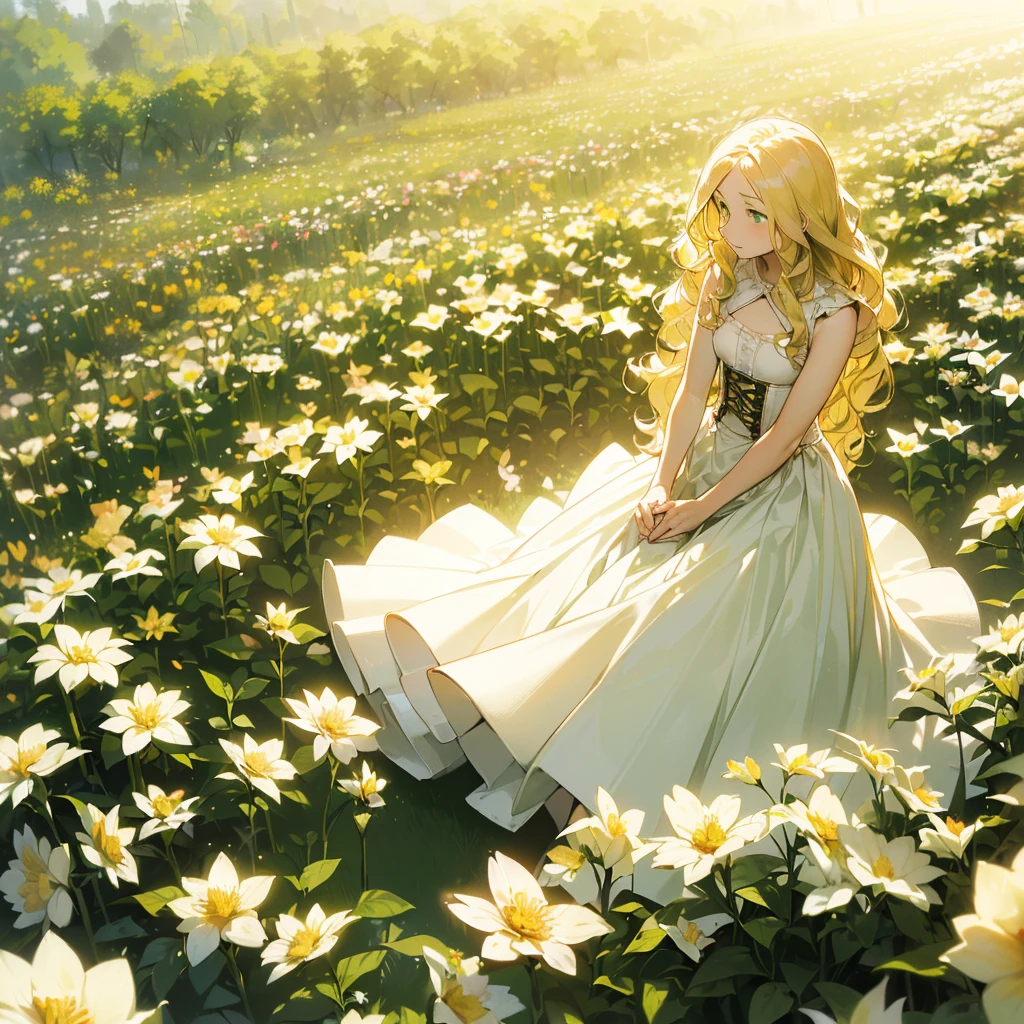 (((Being alone in a flower garden))),(((Mature Woman))),(((Green eyes with golden pigmentation))),(((Long wavy blonde hair))),(((A Shy expression))),(((Light Skin))),(((Wearing a long white dress))),(((Wearing a corset))),(((Big chest and thin waist)))