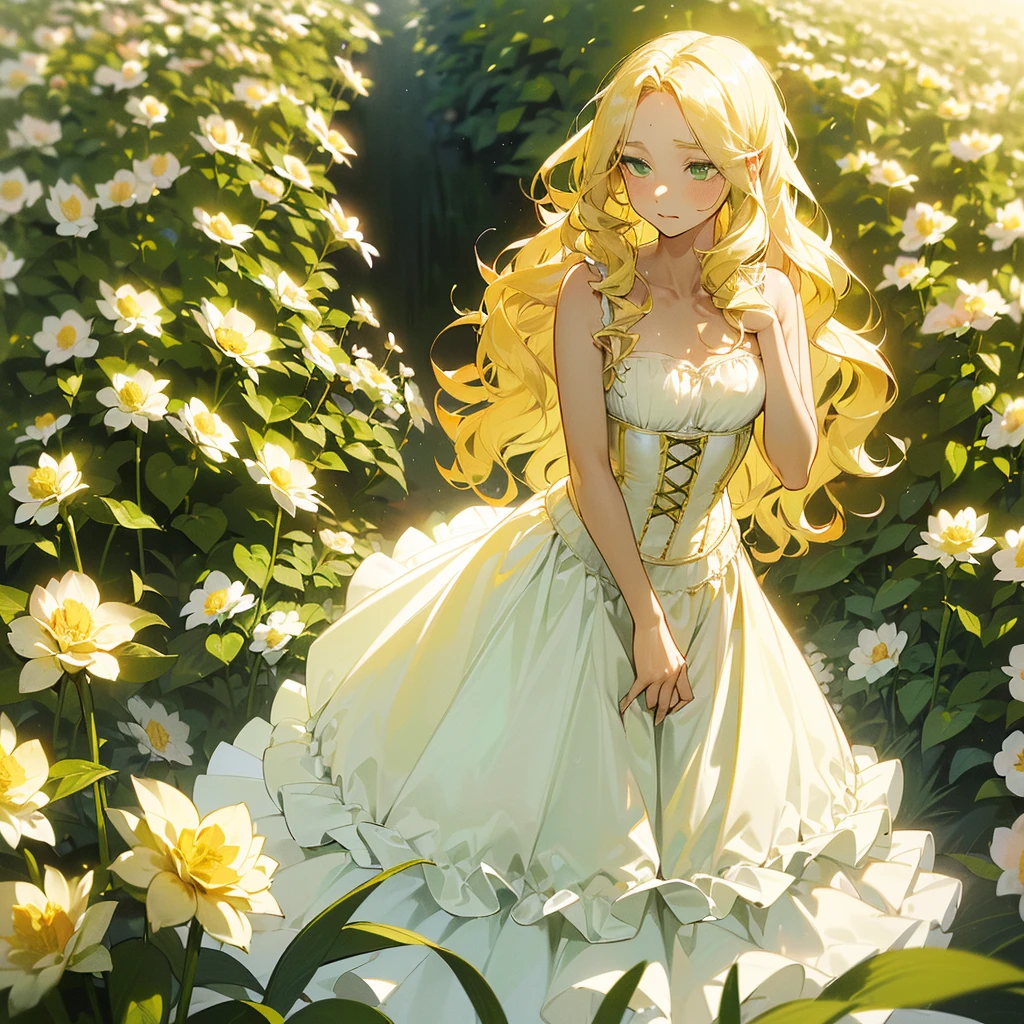 (((Being alone in a flower garden))),(((Mature Woman))),(((Green eyes with golden pigmentation))),(((Long wavy blonde hair))),(((A Shy expression))),(((Light Skin))),(((Wearing a long white dress))),(((Wearing a corset))),(((Medium chest and thin waist)))