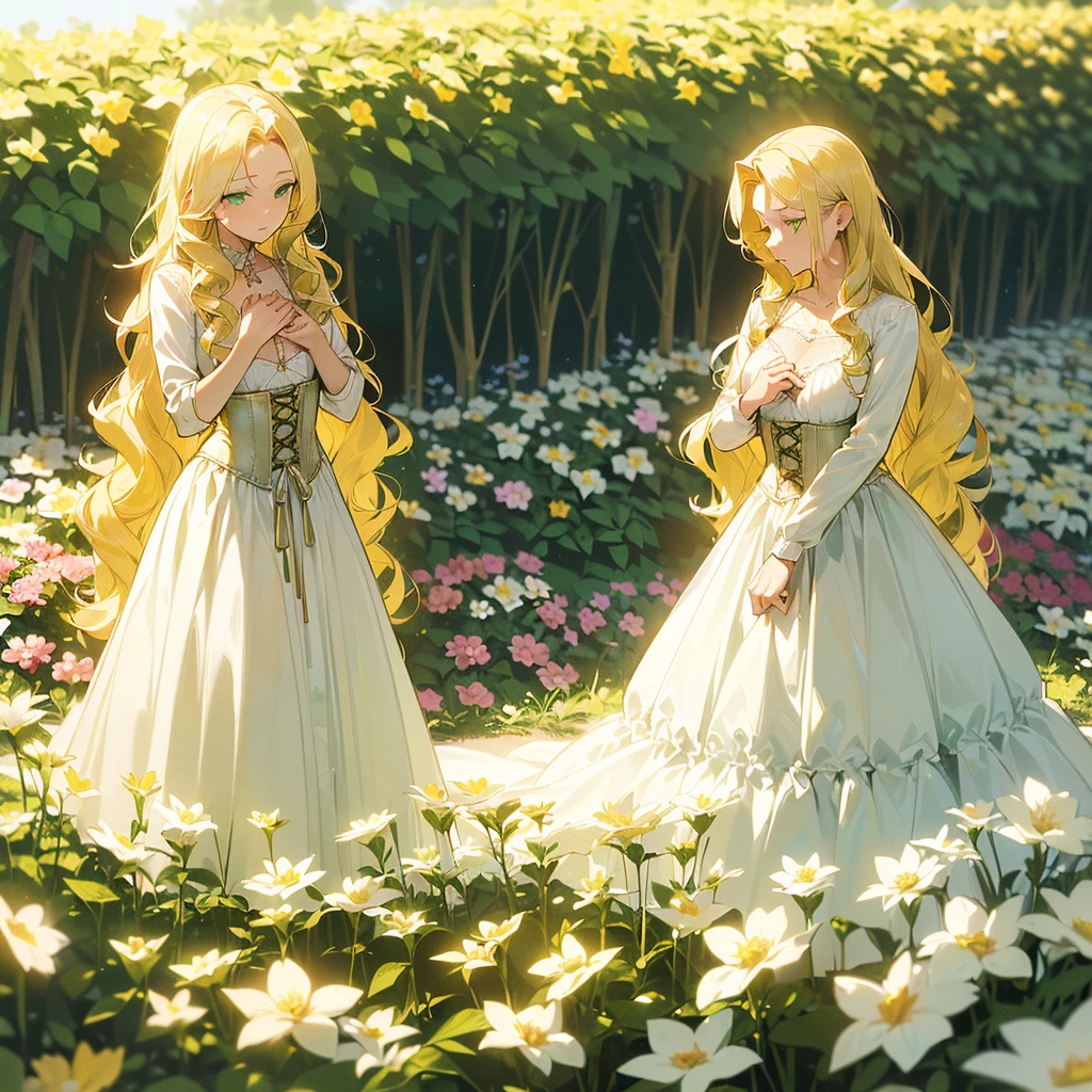 (((Being alone in a flower garden))),(((Mature Woman))),(((Green eyes with golden pigmentation))),(((Long wavy blonde hair))),(((A Shy expression))),(((Light Skin))),(((Wearing a long white dress))),(((Wearing a corset))),(((Big chest and thin waist)))