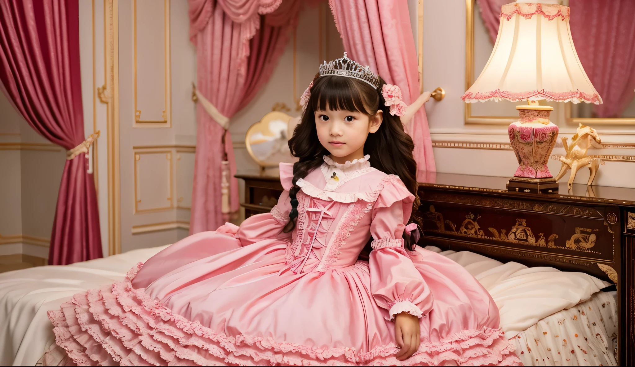 highest quality, masterpiece, highest resolution, artwork, super be familiar with, many detailed, detailed, be familiar with, woman, ,the girl is a princess,pink victorian dress,long sleeve,long dress,Dress with lots of frills and ribbons,luxury,the girl is in the bedroom,canopy bed in the back,