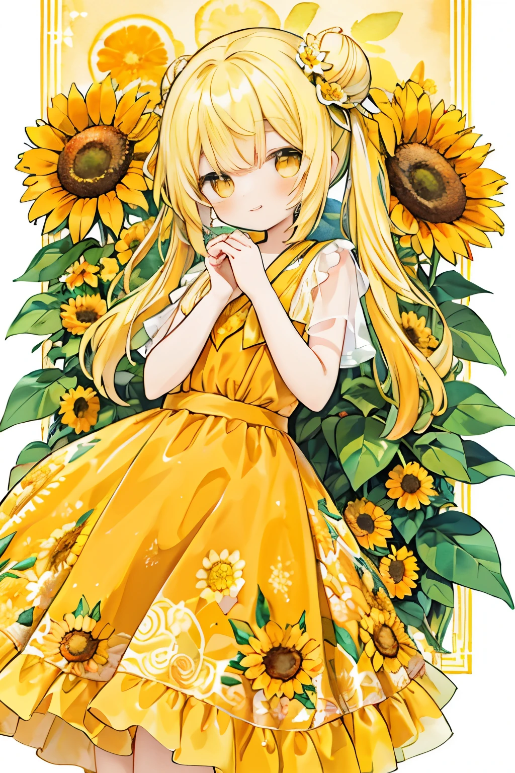 transparent watercolor,with a girl,Jewel Eyes,Beautiful arrangements and motifs、Original、Depth of bounds written , wonderful, Transparency、Yellow hair、yellow eyes、yellow image、orange accent、bright yellow hair、slight smile、Kanekisai、Sunflower motif、dancing sunflowers(((holding a flower)))(((Orange dress、)))(bun hair、twin tails、)