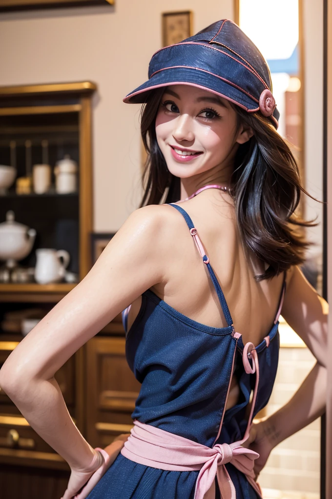 (masterpiece:1.2), (best quality:1.2), Cafe, coffeeカップ, coffee, dark wizard girl, small breasts, neckline,.hat, facing forward, Smile,ピンクのラインが入った青いhat、Sexy blue apron with pink lines