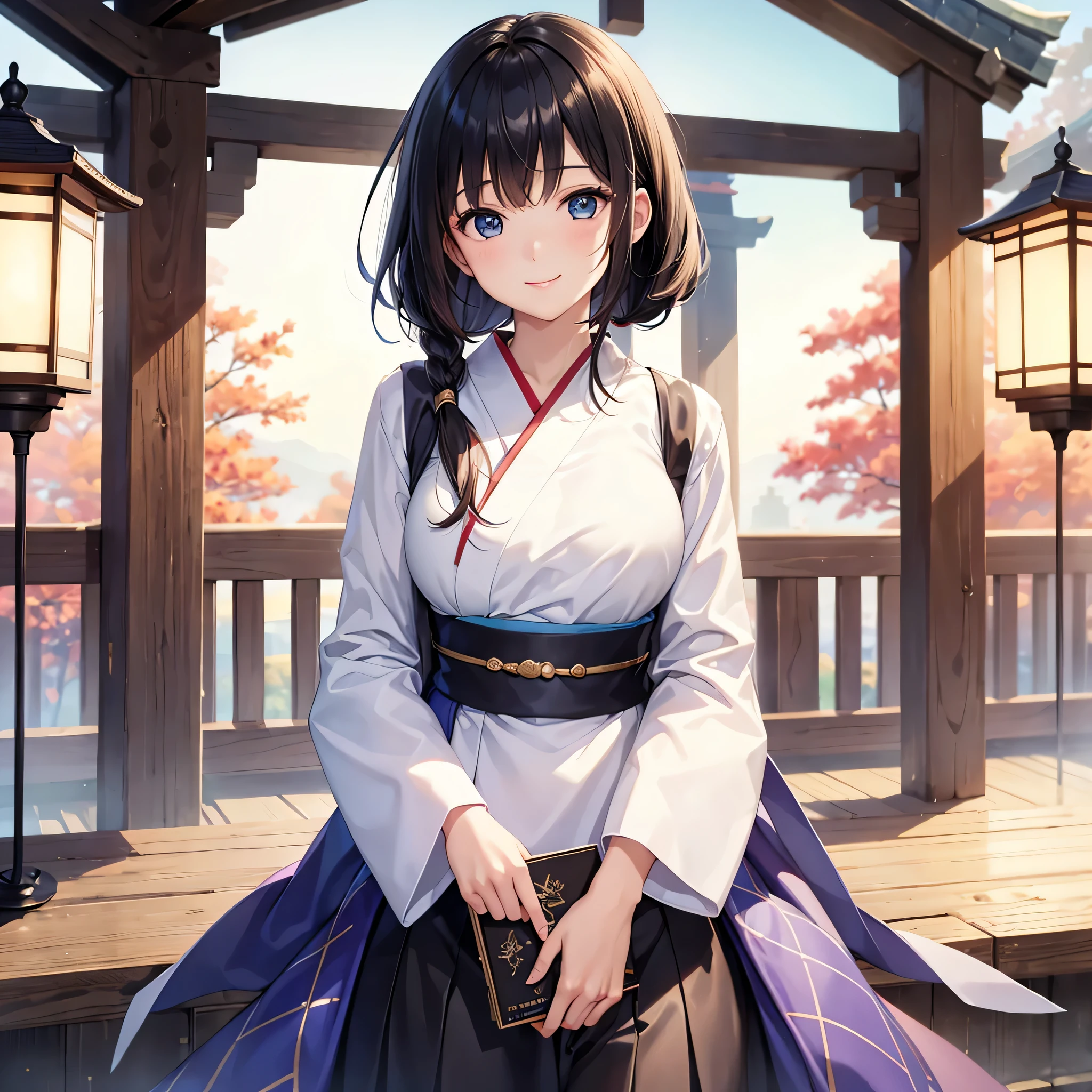 one beautiful woman、((highest quality、8K masterpiece:1.3))、sharp focus:1.2、(super beautiful face:1.0)、(shiny skin:1.0)、realistic pictures、black hair、video writing、High resolution eyes and face、video writing、japanese actress、from the front、Medium chest、shy smile、The beauty of slender abs、whole body、Kanji for Japan「kind」wearing a t-shirt、At the shrine