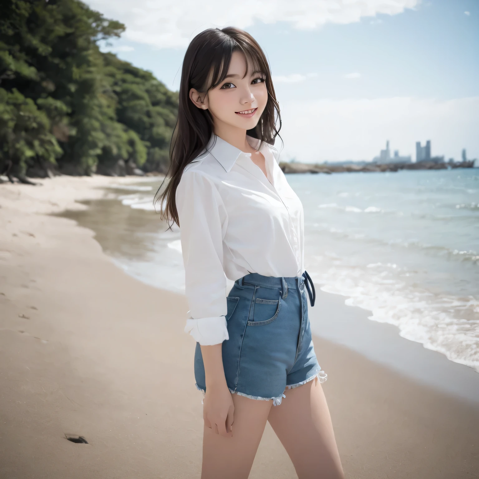 on the table, best quality, illustration, Super detailed, fine details, high resolution, 8k wallpaper, Perfect dynamic composition, Beautiful and delicate eyes,whole body摄影，show your whole body、collared shirt、long gray hair, Bold sexy pose,Smile,Harajuku、20 year old girl、huge :1.5、Look at the sexy shots of the camera, whole body, Rear view、Holding a bouquet of flowers、standing at the beach、from below