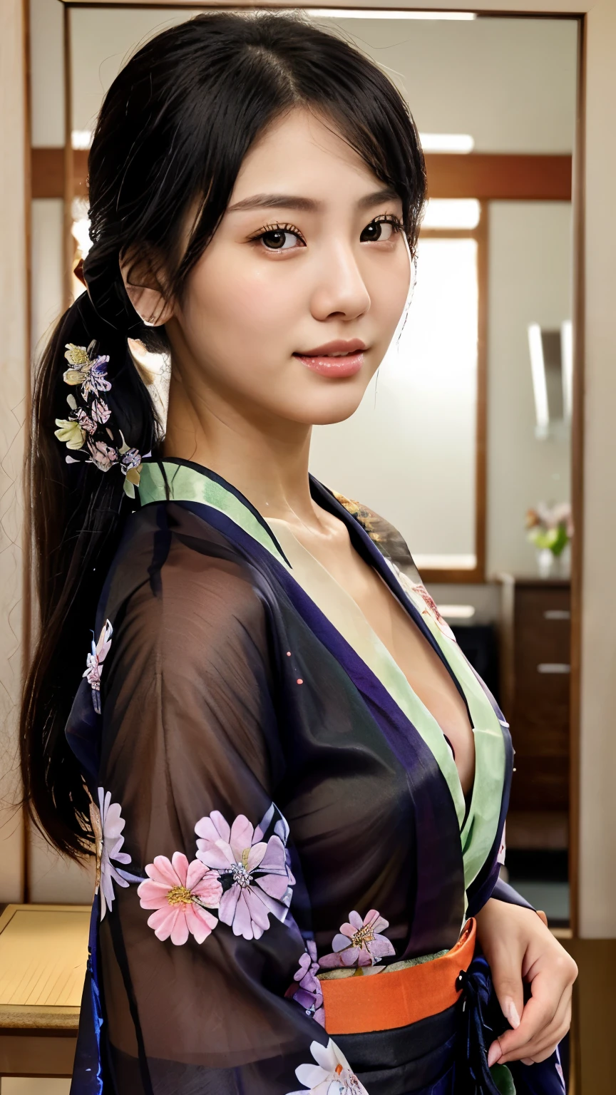 NSFW、最high quality、high quality、best image quality、8K、最High resolution、High resolution、最high quality、masterpiece、realistic pictures、RAW photo、realistic atmosphere、(detailed face)、(fine hands、thumb１reference４)、(beauty of japan )、very nice face、cute face、((beautiful japanese girl))、(woman), ((18 year old beautiful girl))、(glossy black hair)、(straight long hair)、(ponytail)、whole body、slim style、(shiny skin)、(Fair skin, Glossy skin)、real human skin、realistic human body structure、perfect body， perfect face， perfect hands， perfect fingers， perfect lips， perfect eyes，perfect teeth、perfect background， perfect atmosphere， soft natural light、samurai kimono、maiko kimono、servant、geisha kimono、japanese kimono、Furisode、kimono、Yukata、japanese traditional、((There is a very large dressing table in the room.))、((standing front of mirror(A girl staring at her reflection in the mirror))、((When you look in the mirror, your reflection is symmetrical, front, back, left and right.))、((colorful transparent see-through(flowery kimono、Hakama with side slits))