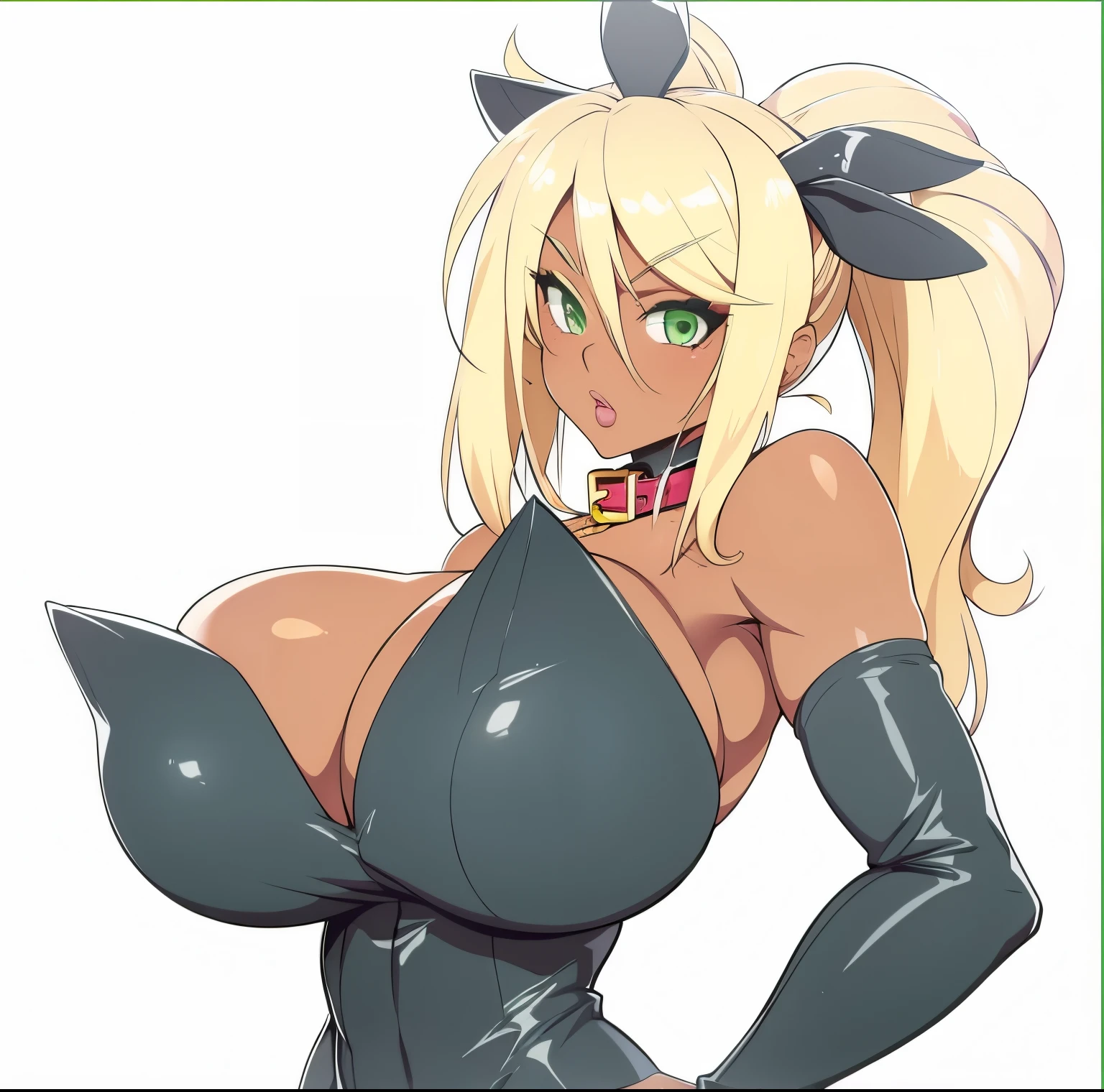 1girl, (((bimbo))), blonde hair, green eyes, dark skin, huge breasts, bunnygirl suit, cleavage, elbow globe, collar