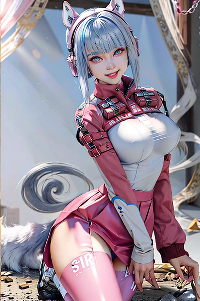 Make a beautiful, tall, young woman with short blue hair, wolf ears, blue eyes, a pretty, perfect face, with a beautiful smile, a beautiful look, a beautiful body, a perfect body, a broad complexion, a slender body, wide thighs, with a tight white t-shirt and a pink jacket, with a pink skirt, long stockings, white stockings, with pink sneakers, in anime style, high quality, sharp image