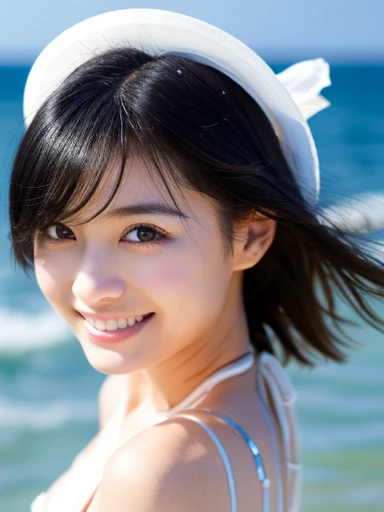 ((((medium hair))))、((((black hair))))、highest quality、8K、HDR、High resolution、disorganized:1.2、background blur、Bokeh:1.2、photograph、(RAWphotograph:1.2) 、(realism: 1.4)、(master piece: 1.3)、(intricate details: 1.2)、1 girl、solo、japanese girl、Delicate and beautiful details、(detailed eyes)、(detailed facial features)、petite, beautiful and clear eyes、detailed pupil、smile、(((C cup)))、Perfect for your skin、(beholder)、from the front、(thin)、(highest quality:1.4)、(超High resolution:1.2)、cinema light、(highly detailed illustrations)、(lip gloss、highest quality、超High resolution、Depth of bounds written、caustics、broad lighting、Natural Shading、85mm、f/1.4、ISO 200、1/160s:0.75)、1girl、solo、((smile))、(((model) body)))、whole body、(((White bikini)))、Are standing、Play with the waves、(pureerosface_v1:0.5)、Clean beach、noon、sun、Ocean、ripple、