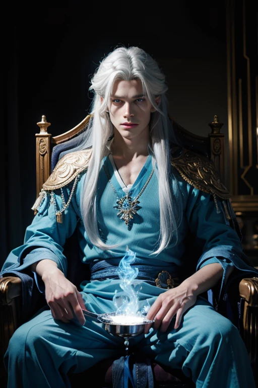 young man, very handsome, long white hair, blue eyes, wearing a blue tunic, blue fire flames, blue fire in the background of the image , sitting on a throne made of blue fire, fox eyes, fuller face, with defined jawline, 8k, super detail, top quality, long white hair