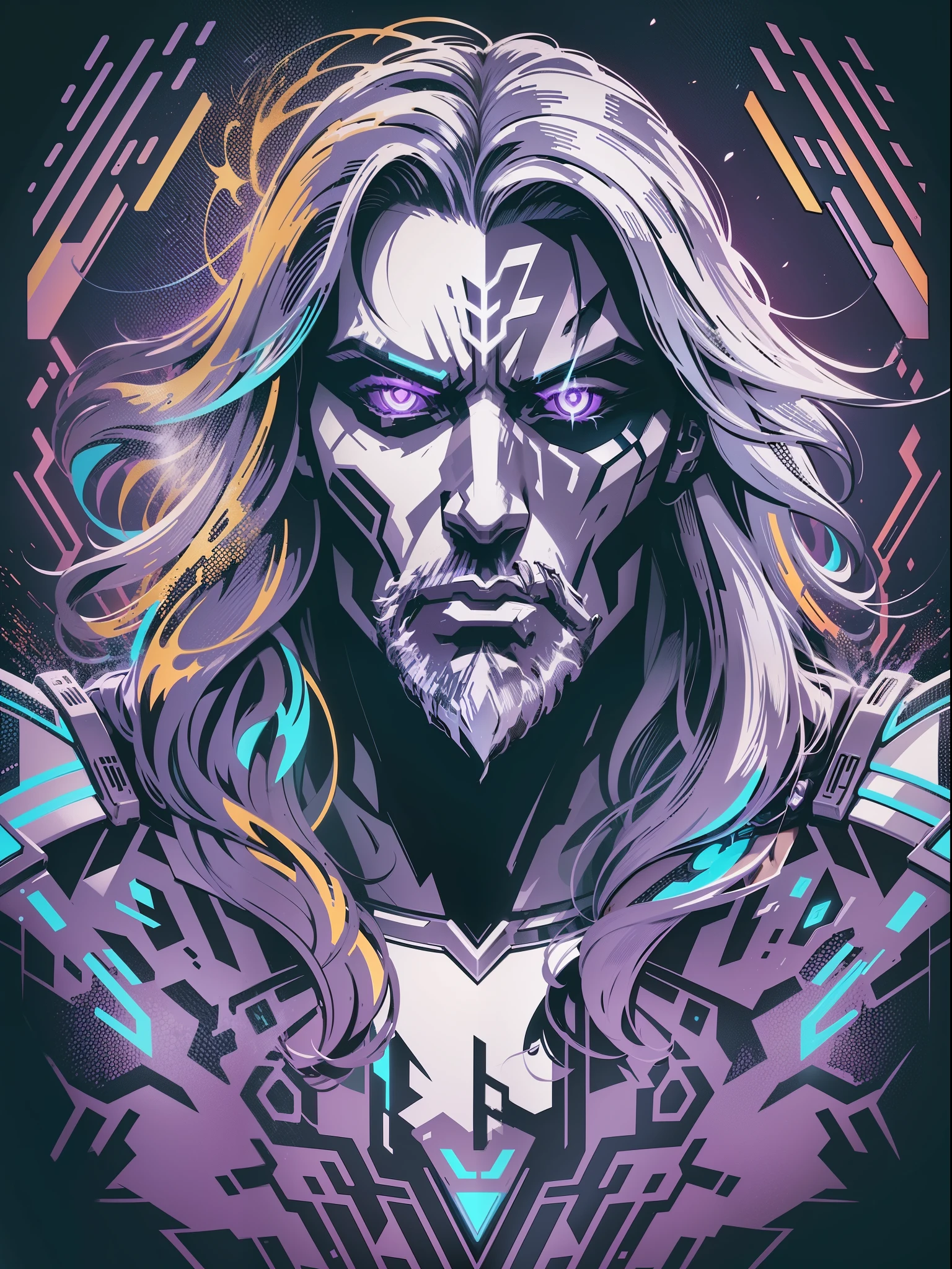 graphic design t-shirt, flat design, futuristic cyberpunk robot in mix of tones, ,, sexy body, , flashing , big , metal skin,metal , laser beams, purple emissive eyes, colorful tones, clean highly detailed, vector image, smoke explosion, simple background, flat white background, bright vector ((white background) )