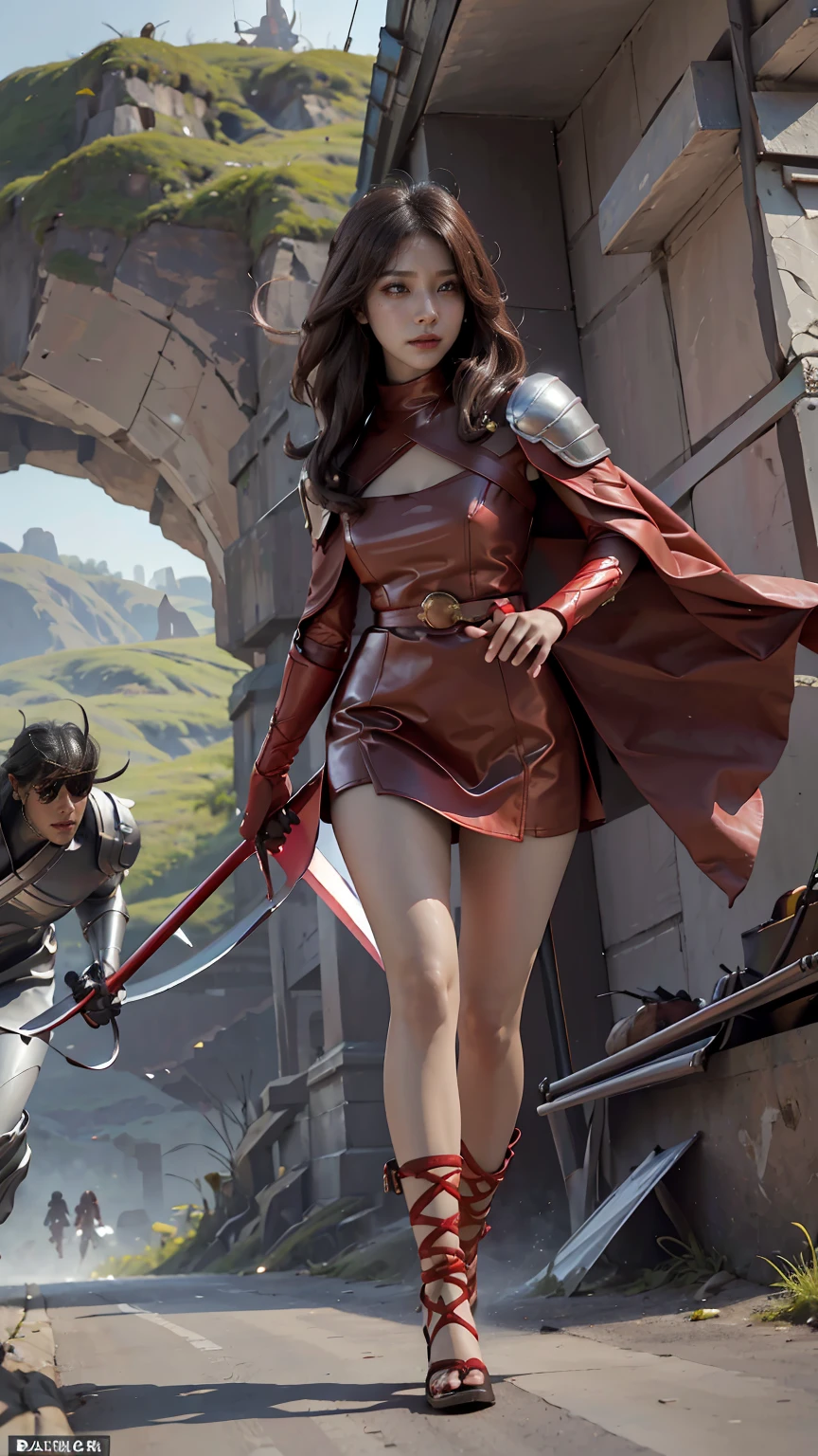 Woman in red silver dress, ((run)), Escape the monsters, Immersive art station, ศิลปะFantasyที่มีรายละเอียด, Amazing character art, Excellent and neat character art, beautiful armor, very detailed, red armor girl, Exquisite headdresses and ornaments, (best quality, 10, Masterpiece :1.3), (realistic, ภาพrealistic: 1.37), (1 girl), (Beautiful women between the ages of 18-20), (thin), (Focus on the slender abdomen.. :1.3), (Korea), (Pastel colored leather dress, Long red leather cloak, Long red leather cloak, Show your arms and shoulders., white leather skirt, short leather skirt, Emphasize her legs., High groove,), (รองเท้าHeel Height), (Random pose), ,  , ((dark brown hair, long hair)), exquisite face, Open the show, Fantasy, Slender figure, Very smooth face, Good eyes, Double eyelids, (long hair, Random hairstyles), (big girl :1.3), (outdoor), (Extraordinarily detailed face), (Detailed eyes), (Double eyelids), (Eyeshadow makes eyelashes look thicker.......), obscure, (Long legs, Heel Height), (((Whole body))), (professional lighting), (Photon mapping), (Radiation), red armor girl, silver armor girl, ((Big Sword)), (Look directly at the audience.....), cliff scene, mountain, cave mouth, stone, Dungeon