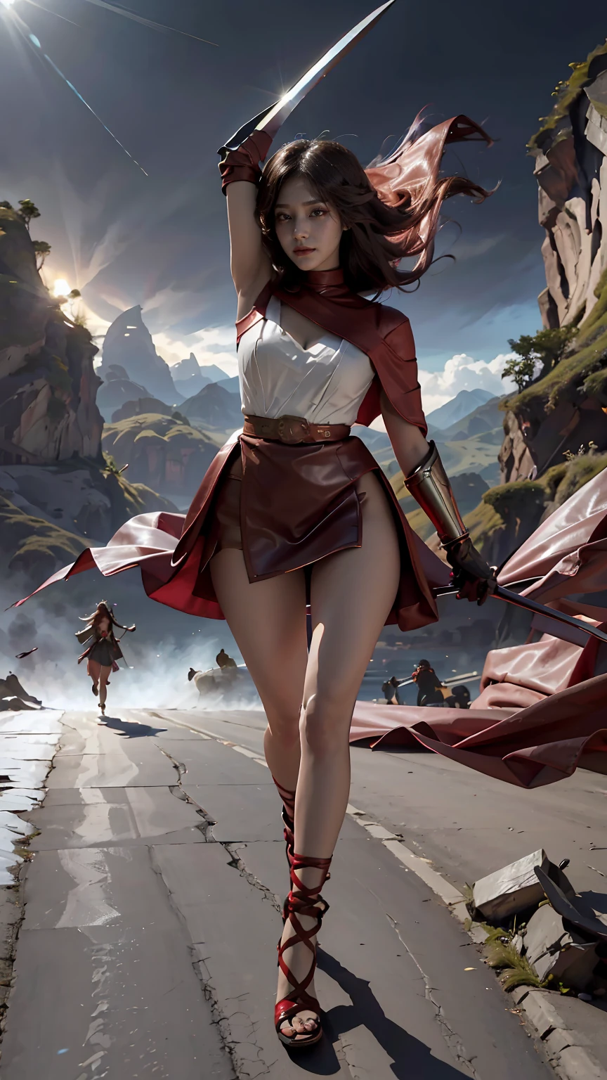 Woman in red silver dress, ((run)), Escape the monsters, Immersive art station, ศิลปะFantasyที่มีรายละเอียด, Amazing character art, Excellent and neat character art, beautiful armor, very detailed, red armor girl, Exquisite headdresses and ornaments, (best quality, 10, Masterpiece :1.3), (realistic, ภาพrealistic: 1.37), (1 girl), (Beautiful women between the ages of 18-20), (thin), (Focus on the slender abdomen.. :1.3), (Korea), (Pastel colored leather dress, Long red leather cloak, Long red leather cloak, Show your arms and shoulders., white leather skirt, short leather skirt, Emphasize her legs., High groove,), (รองเท้าHeel Height), (Random pose), Huge breasts, exposed cleavage, ((dark brown hair, long hair)), exquisite face, Open the show, Fantasy, Slender figure, Very smooth face, Good eyes, Double eyelids, (long hair, Random hairstyles), (big girl :1.3), (outdoor), (Extraordinarily detailed face), (Detailed eyes), (Double eyelids), (Eyeshadow makes eyelashes look thicker.......), obscure, (Long legs, Heel Height), (((Whole body))), (professional lighting), (Photon mapping), (Radiation), red armor girl, silver armor girl, ((Big Sword)), (Look directly at the audience.....), cliff scene, mountain, cave mouth, stone, Dungeon