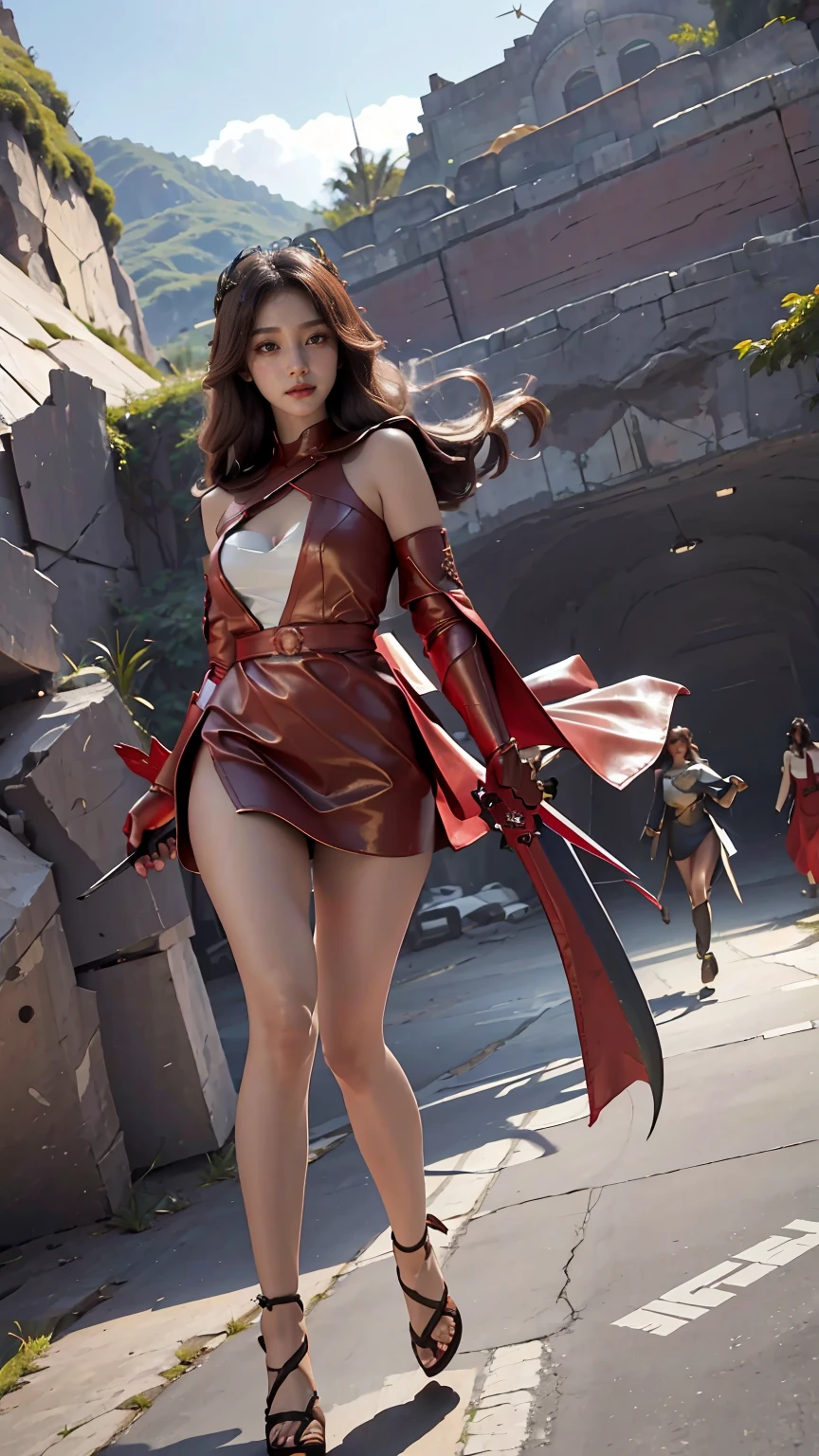 Woman in red silver dress, ((run)), Escape the monsters, Immersive art station, ศิลปะFantasyที่มีรายละเอียด, Amazing character art, Excellent and neat character art, beautiful armor, very detailed, red armor girl, Exquisite headdresses and ornaments, (best quality, 10, Masterpiece :1.3), (realistic, ภาพrealistic: 1.37), (1 girl), (Beautiful women between the ages of 18-20), (thin), (Focus on the slender abdomen.. :1.3), (Korea), (Pastel colored leather dress, Long red leather cloak, Long red leather cloak, Show your arms and shoulders., white leather skirt, short leather skirt, Emphasize her legs., High groove,), (รองเท้าHeel Height), (Random pose), Huge breasts, exposed cleavage, ((dark brown hair, long hair)), exquisite face, Open the show, Fantasy, Slender figure, Very smooth face, Good eyes, Double eyelids, (long hair, Random hairstyles), (big girl :1.3), (outdoor), (Extraordinarily detailed face), (Detailed eyes), (Double eyelids), (Eyeshadow makes eyelashes look thicker.......), obscure, (Long legs, Heel Height), (((Whole body))), (professional lighting), (Photon mapping), (Radiation), red armor girl, silver armor girl, ((Big Sword)), (Look directly at the audience.....), cliff scene, mountain, cave mouth, stone, Dungeon