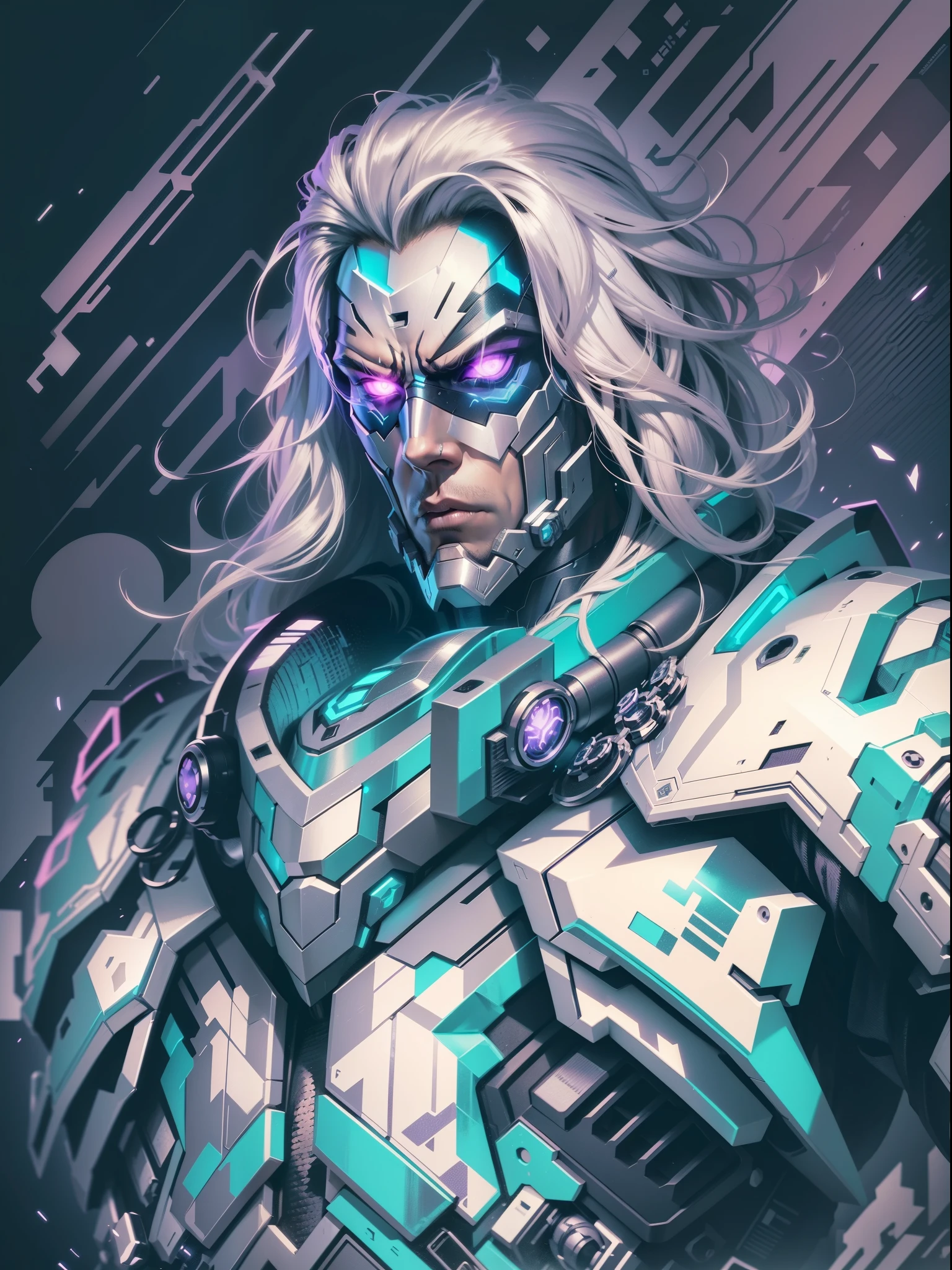 graphic design t-shirt, flat design, futuristic cyberpunk arthas in mix of tones, topless,, topless, flashing , big , metal skin, laser beams, purple emissive eyes, colorful tones, clean highly detailed, vector image, smoke explosion, simple background, flat white background, bright vector ((white background) )