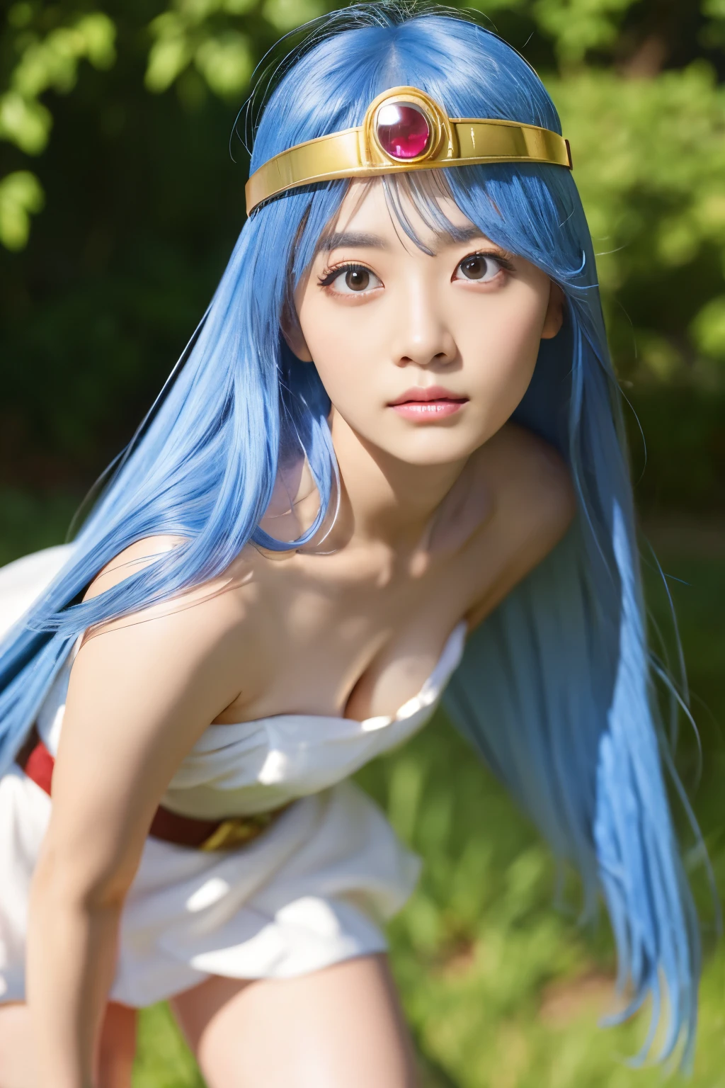 masterpiece、1 beautiful girl、fine eyes、puffy eyes、highest quality, 超High resolution, (reality: 1.4), movie lighting、Japanese、asian beauty、Korean、super beautiful、beautiful skin、body facing forward、close up of face、(超reality的な)、(High resolution)、(8K)、(very detailed)、(美しくfine eyes)、(Super detailed)、 (wall-)、detailed face、bright lighting、professional lighting、looking at the viewer、look straight ahead、slanted bangs、Bright light blue hair、Nogizaka idol、korean idol、fiery idol pose、、25 years old､masterpiece, highest quality, super detailed, figure, sage_(DQ3), 1 girl, (holding staff, staff:1.3), alone, long hair, blue hair, circlet, red eyes,small breasts, yellow gloves, white dress, belt, cape, boots, cleavage, bare shoulders, underwear, Are standing, Upper body, Grass, wind lift, simple background, white background