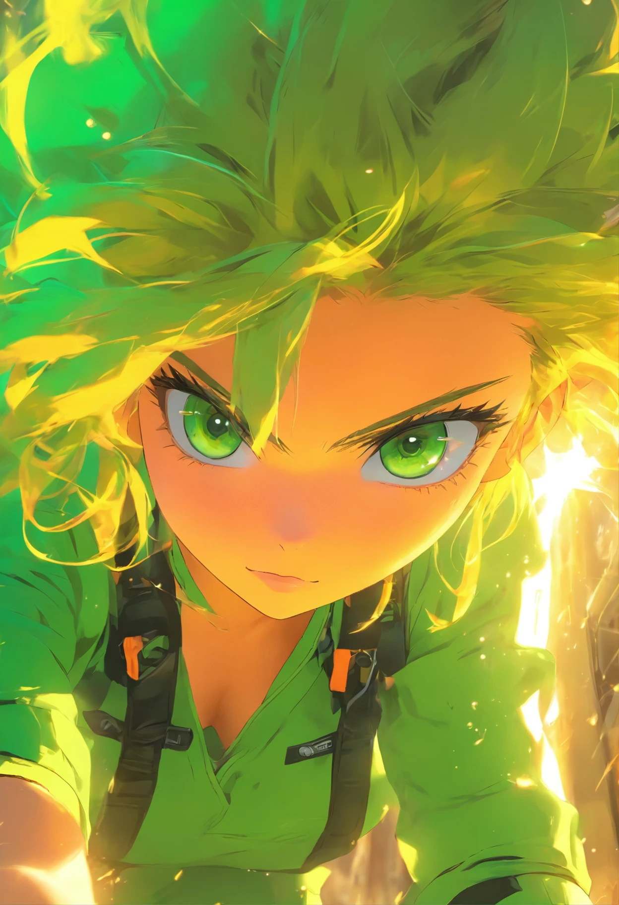 in garage car, female mechanic green outfit, (freckles:0.8) cute face, sci-fi, dystopian, detailed eyes, green eyes, blond hair, ((gorgeous:1.0)),