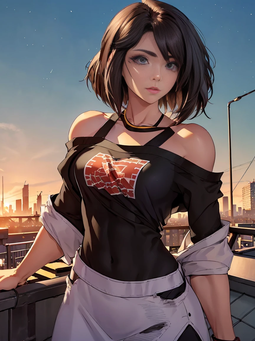 ((Midnight, Best quality, 8k, Masterpiece :1.3)), Whole body, Long legs, Sharp focus :1.2, A pretty superhuman woman with perfect figure :1.4, Slender abs :1.1, ((Dark brown hair, Big breasts :1.2)), (White tight tshirt, Jean bib, Standing:1.2), ((Night city view, Rooftop:1.3)), Highly detailed face and skin texture, Detailed eyes, Double eyelid, sunset, darken, backlit, off shoulder