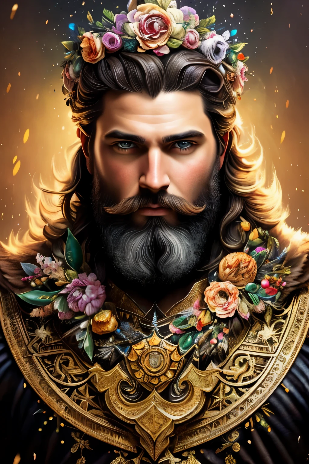 Digital painting of a bearded man with a floral headdress, Alberto Savio Art Style, speckled and frozen multicolored droplets, dreamlike, Surrealistic Digital Painting, sunlit highlights, 3D effects, Ultra High Definition, Masterpiece of Art, cinematic lighting, 16k High Definition Digital Art, Intricately Detailed Digital Art, 4K Highly Detailed Digital Art, Grand Digital Art with Exquisite Details, Stunning Detail Digital Illustration, Extremely Detailed Digital Art, Highly Detailed Digital Art, Breathtaking Digital Illustration, Hyperdetailed Fantasy Character Digital Art, Hyperdetailed