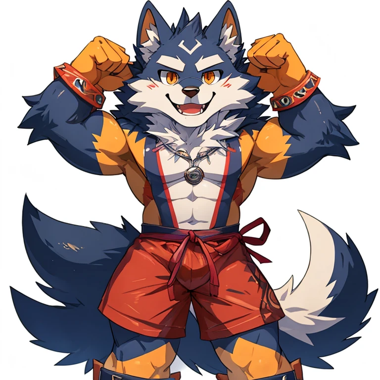 (Furry wolf)​,(chibi), orange fur, (summer swim outfit)​, cute, orange eyes,happy, smlie, correct Anatomy, correct hand, ((white background))​,( Acting happy), (hands up)​, enjoy, ((front view)),full body, sexy, muscle