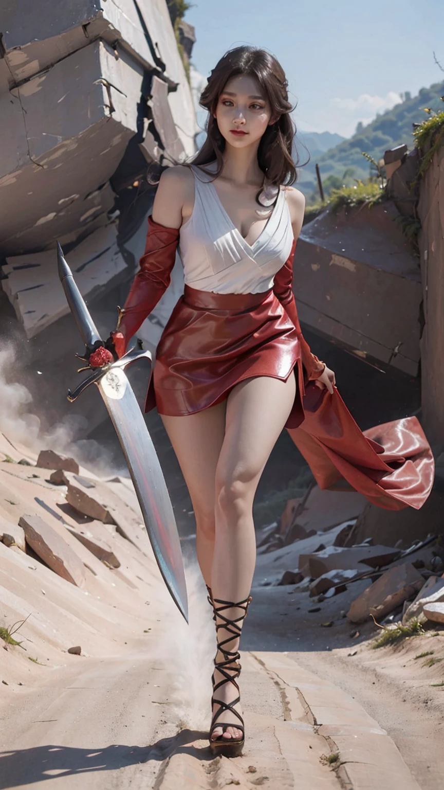 Woman in red silver dress, ((run)), Escape the monsters, Immersive art station, ศิลปะFantasyที่มีรายละเอียด, Amazing character art, Excellent and neat character art, beautiful armor, very detailed, red armor girl, Exquisite headdresses and ornaments, (best quality, 10, Masterpiece :1.3), (realistic, ภาพrealistic: 1.37), (1 girl), (Beautiful women between the ages of 18-20), (thin), (Focus on the slender abdomen.. :1.3), (Korea), (Pastel colored leather dress, Long red leather cloak, Long red leather cloak, Show your arms and shoulders., white leather skirt, short leather skirt, Emphasize her legs., High groove,), (รองเท้าHeel Height), (Random pose), Huge breasts, exposed cleavage, ((dark brown hair, long hair)), exquisite face, Open the show, Fantasy, Slender figure, Very smooth face, Good eyes, Double eyelids, (long hair, Random hairstyles), (big girl :1.3), (outdoor), (Extraordinarily detailed face), (Detailed eyes), (Double eyelids), (Eyeshadow makes eyelashes look thicker.......), obscure, (Long legs, Heel Height), (((Whole body))), (professional lighting), (Photon mapping), (Radiation), red armor girl, silver armor girl, ((Big Sword)), (Look directly at the audience.....), cliff scene, mountain, cave mouth, stone, Dungeon