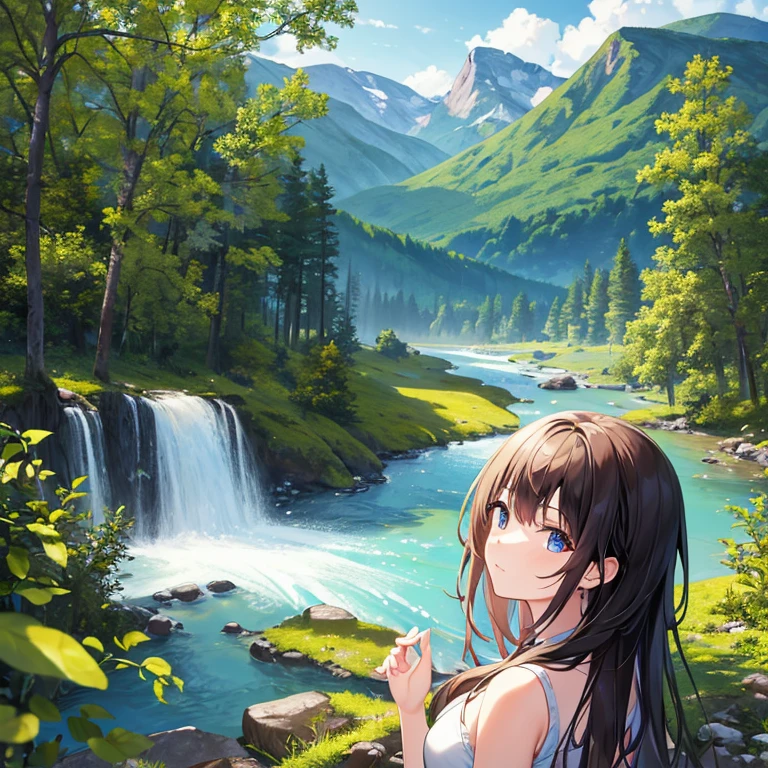 High resolution, masterpiece, high quality, High resolution, Focus on the face of one young woman, human figure, Overlooking Large forest from Back, Mountain scenery, forest, nature, river